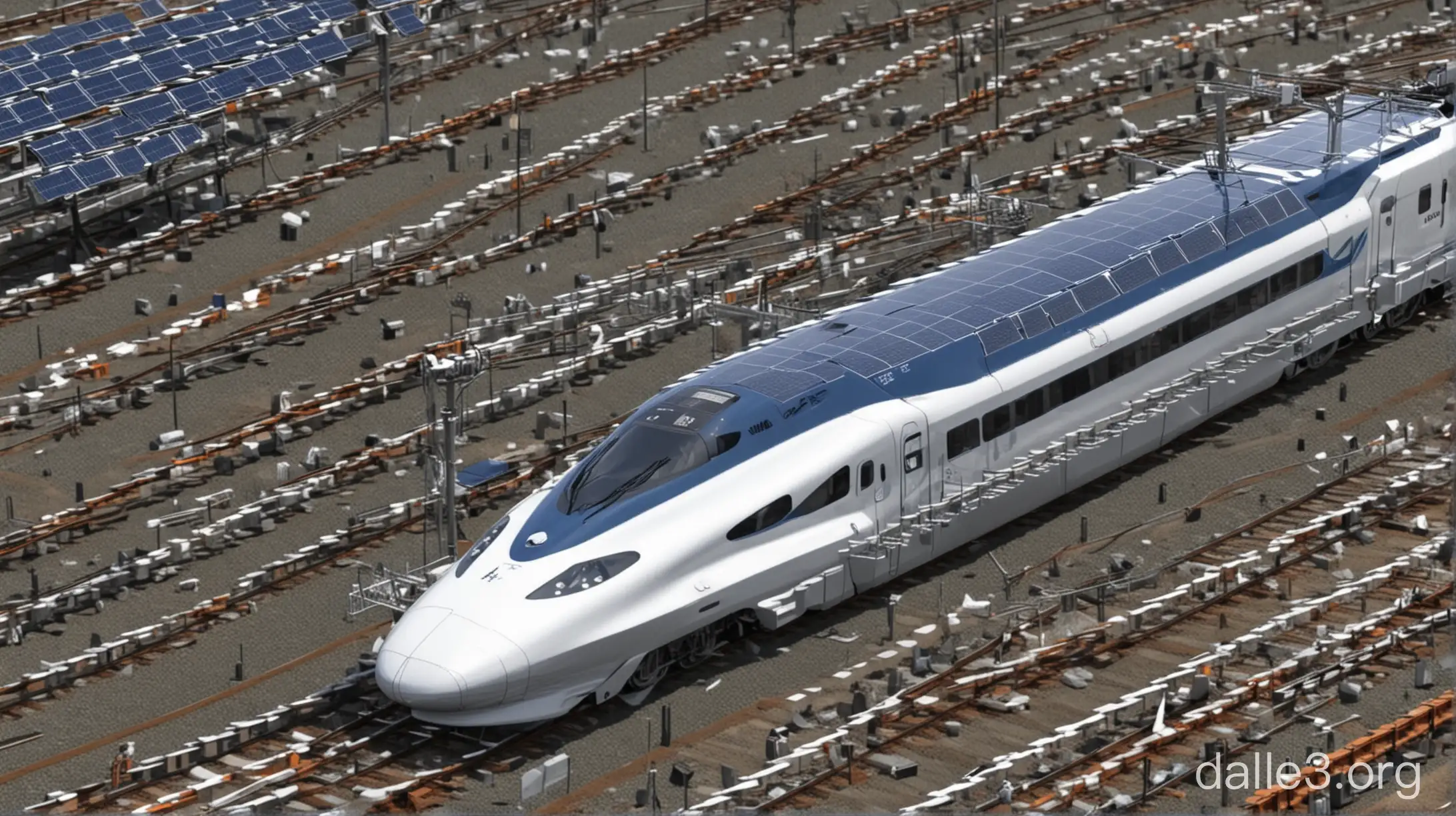 Generate a image of a bullet train that have solar panels in the top integrated to train and also it has a pantograph