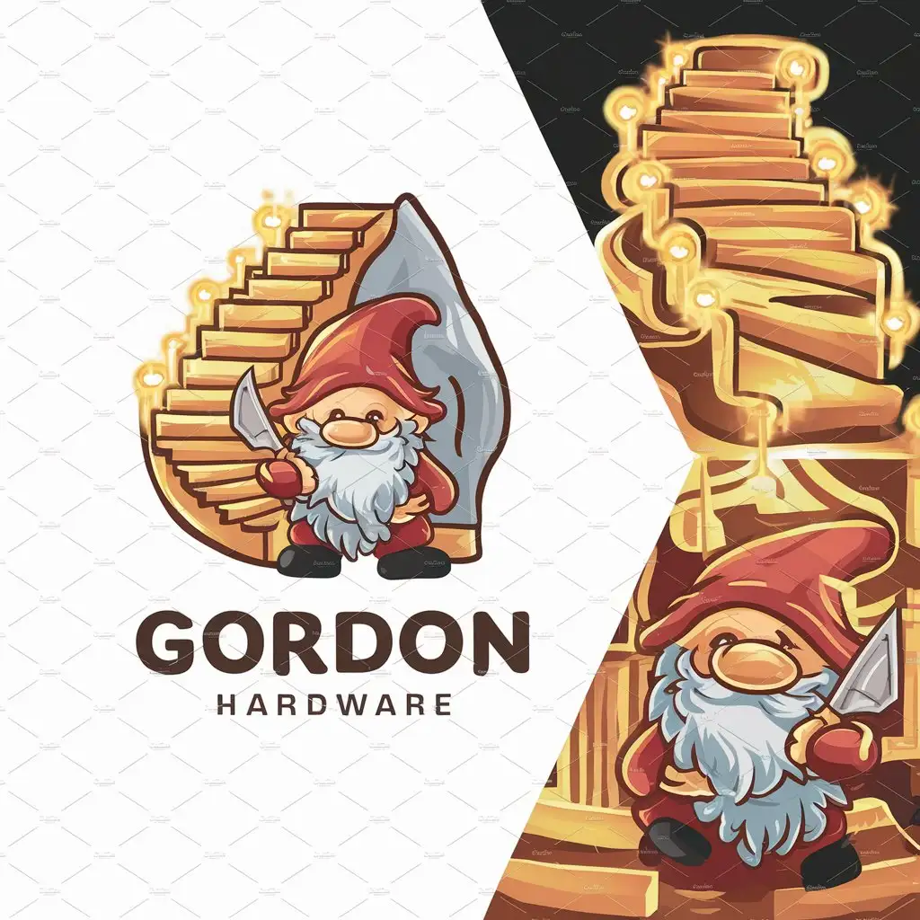 a logo design,with the text "Gordon Hardware", main symbol:Wacky Hardware Store, cute garden gnome, butcher knife, mischievous, ready to strike, stairs, glowing, adorable,complex,be used in Home Family industry,clear background