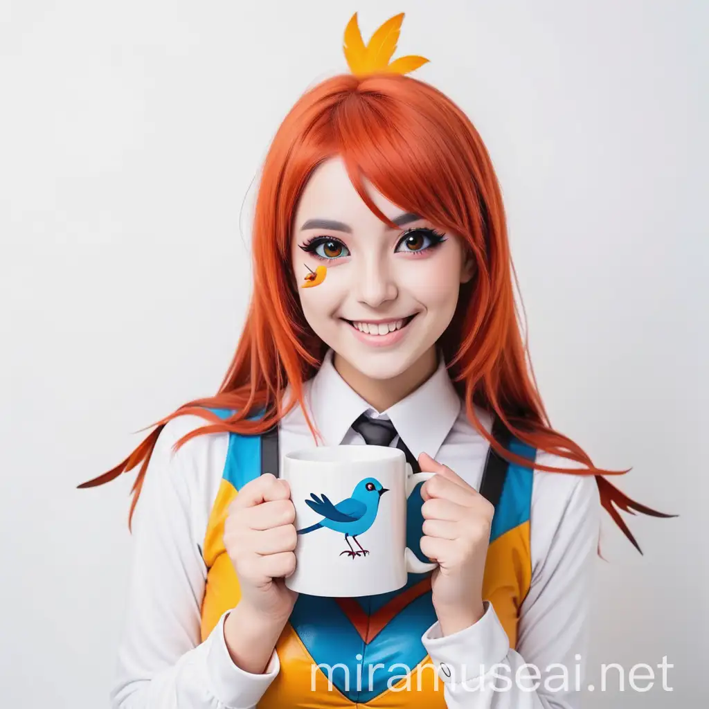 Smiling Cosplayer Holding Square Mug with Bird Costume on White Background
