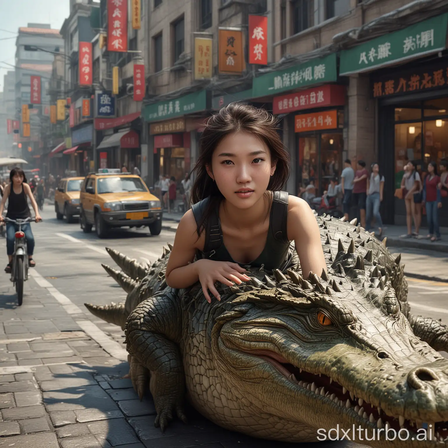 A beautiful 18-year-old Chinese girl riding a crocodile in a busy city street, vibrant urban setting, daytime, detailed and realistic, highly detailed, cinematic lighting, dynamic composition, photorealistic, ultra-realistic textures, modern Chinese architecture, bustling crowds, colorful storefronts