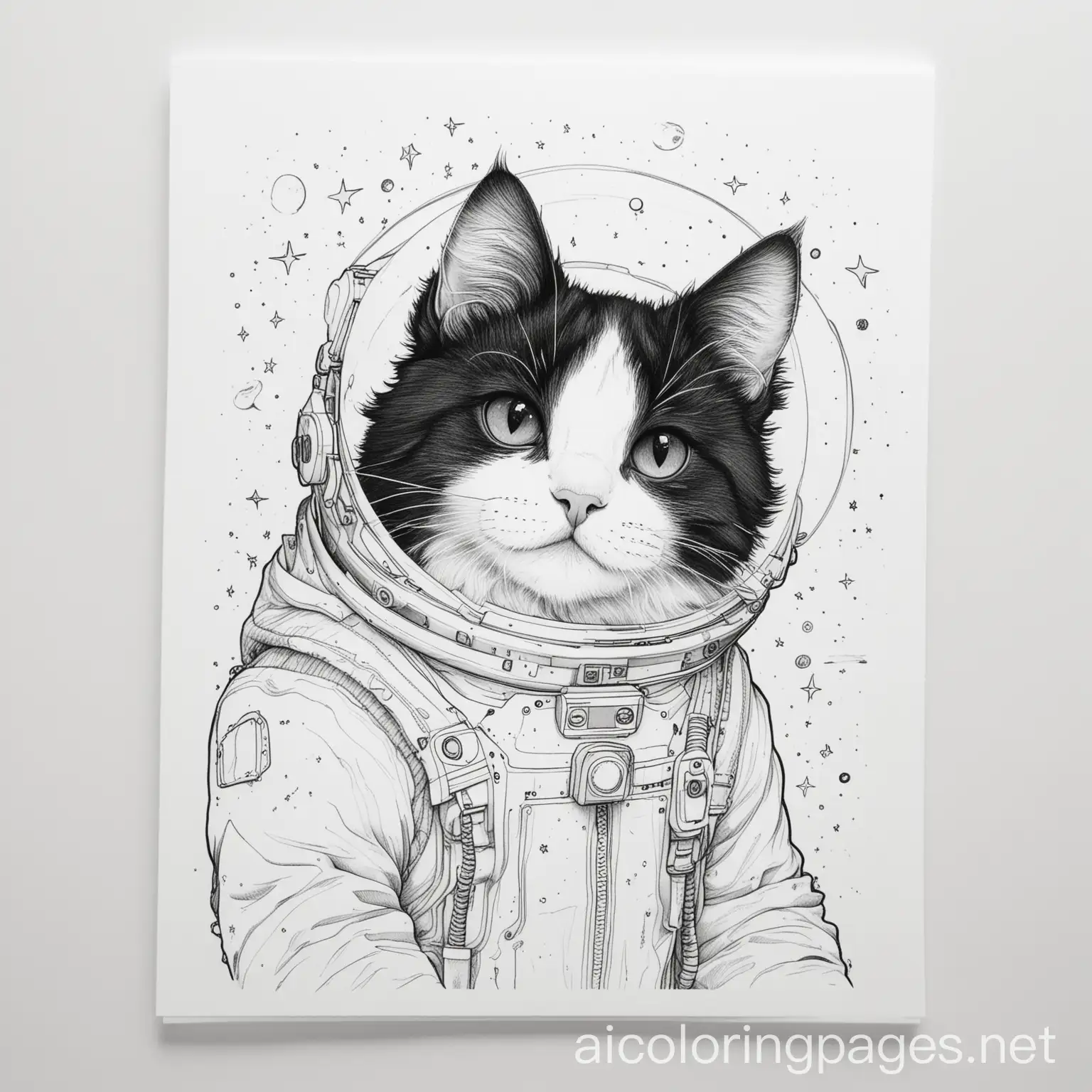 ASTRONOTE CAT, Coloring Page, black and white, line art, white background, Simplicity, Ample White Space. The background of the coloring page is plain white to make it easy for young children to color within the lines. The outlines of all the subjects are easy to distinguish, making it simple for kids to color without too much difficulty