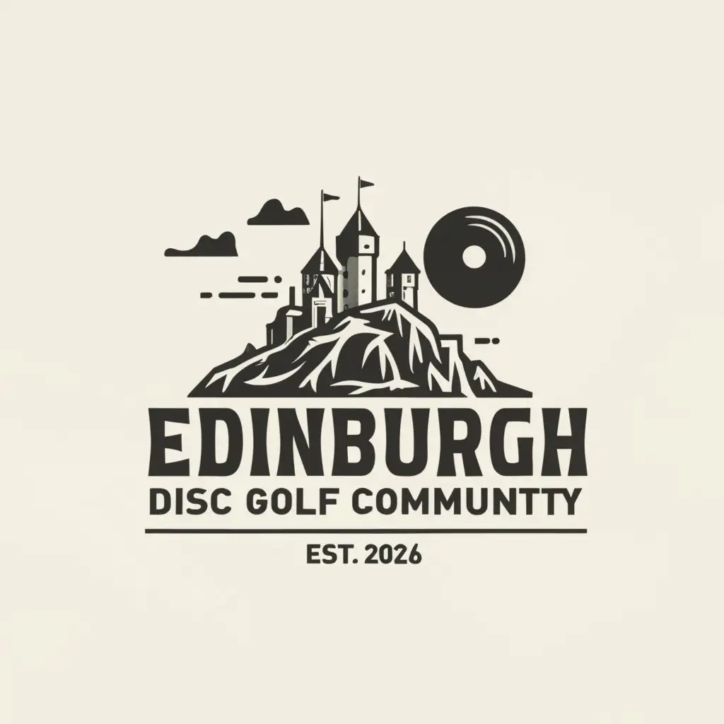 a logo design,with the text "Edinburgh Disc Golf Community", main symbol:Castle on a mountain with a Frisbee,complex,be used in Sports Fitness industry,clear background