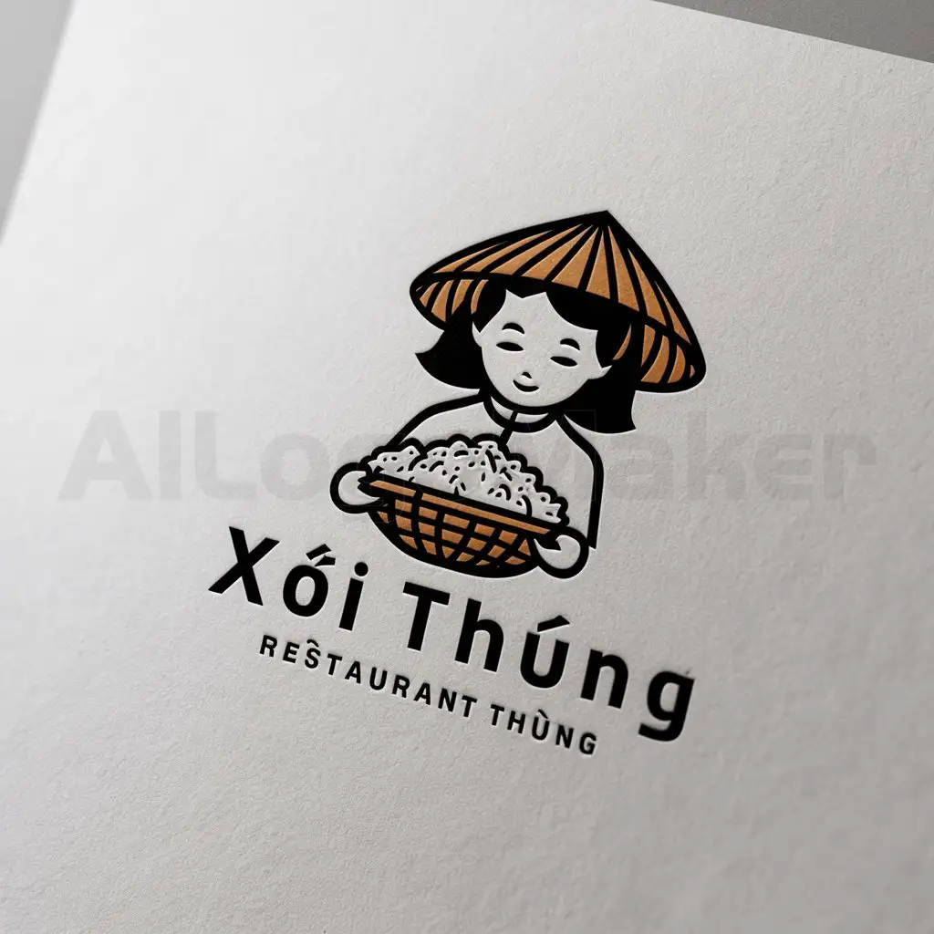 a logo design,with the text "XÔI THÚNG", main symbol:Vietnamese girl with a sticky rice basket, nostalgic, Hanoi, palm-leaf conical hat,Minimalistic,be used in Restaurant industry,clear background
