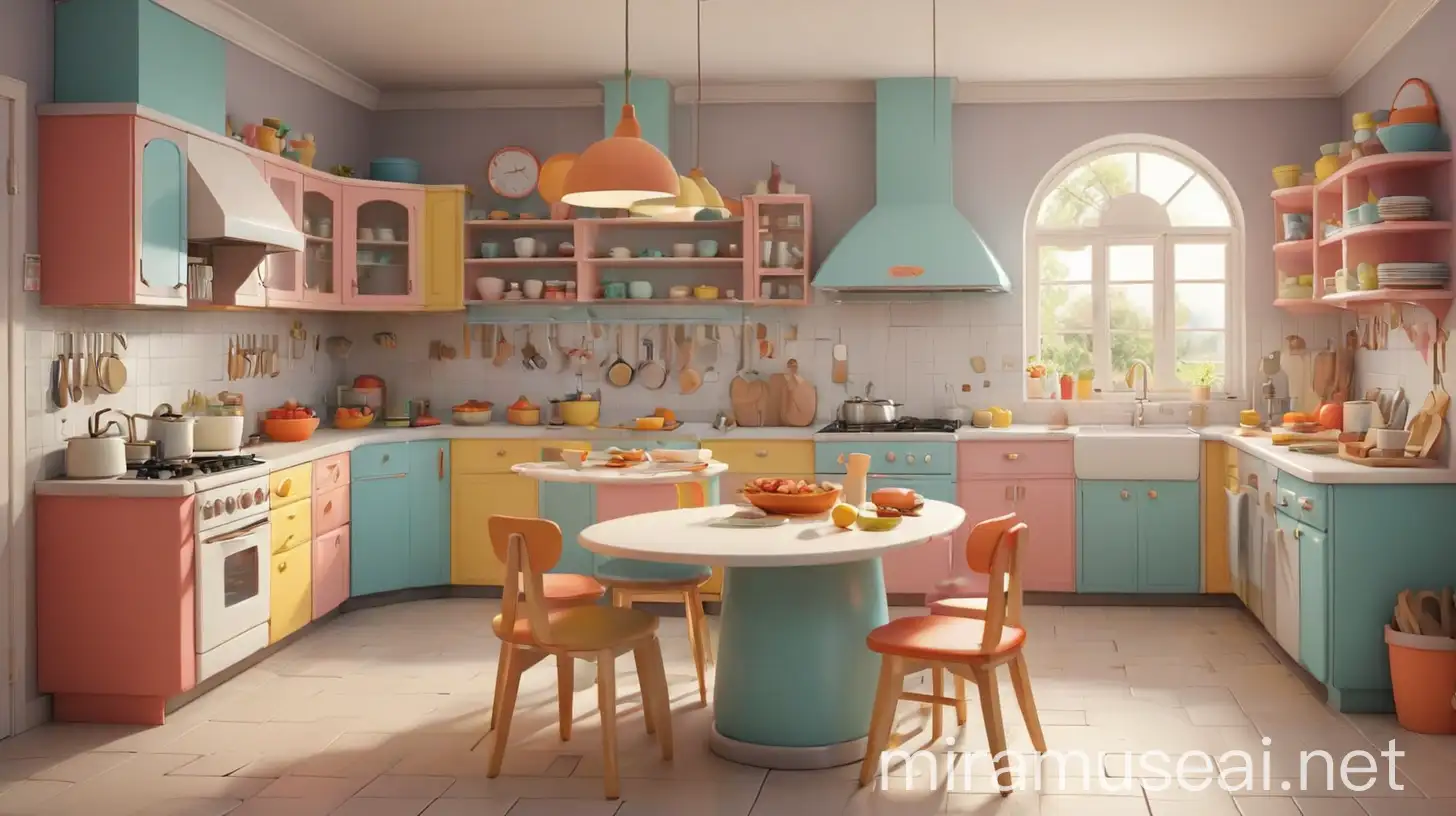 3d colorful cartoon kitchen with rounded and curved furniture