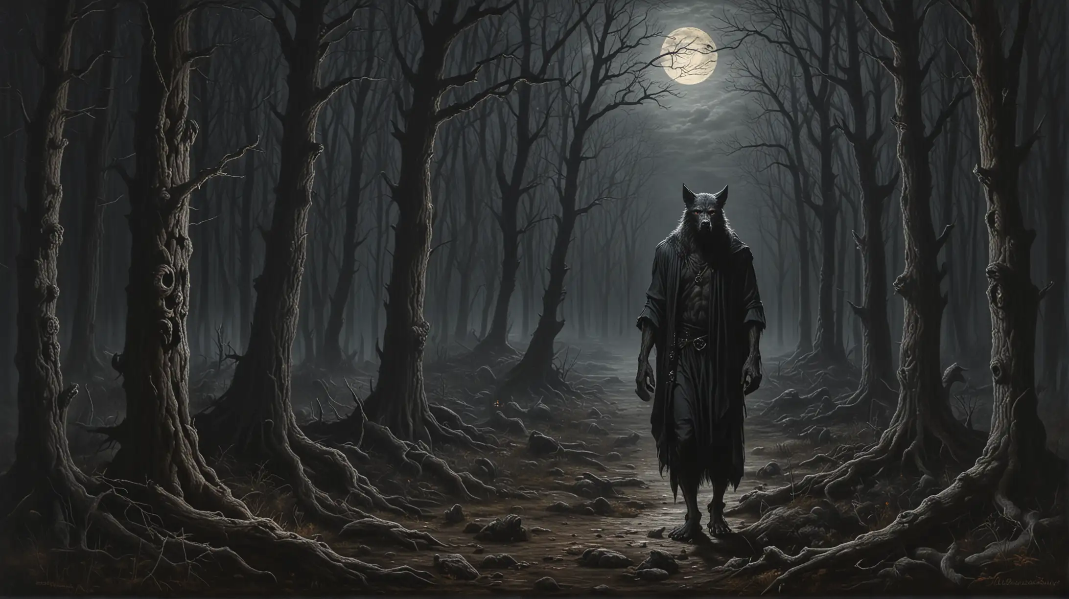 Dark Mystical Gothic, Rapahael Santi, old master oil painting of the lonley Werewolf, and dark forest and moon, horror atmosfphere

