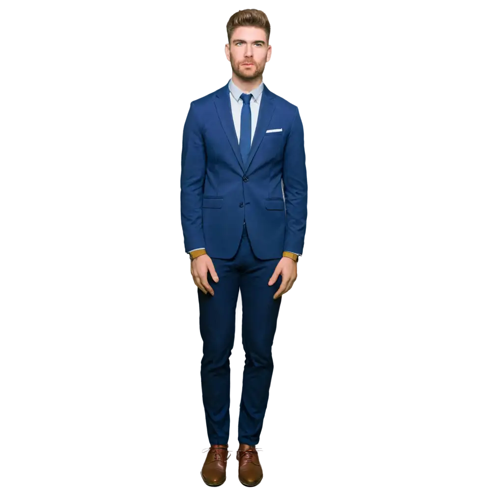 a man in blue slim suit looks straight

