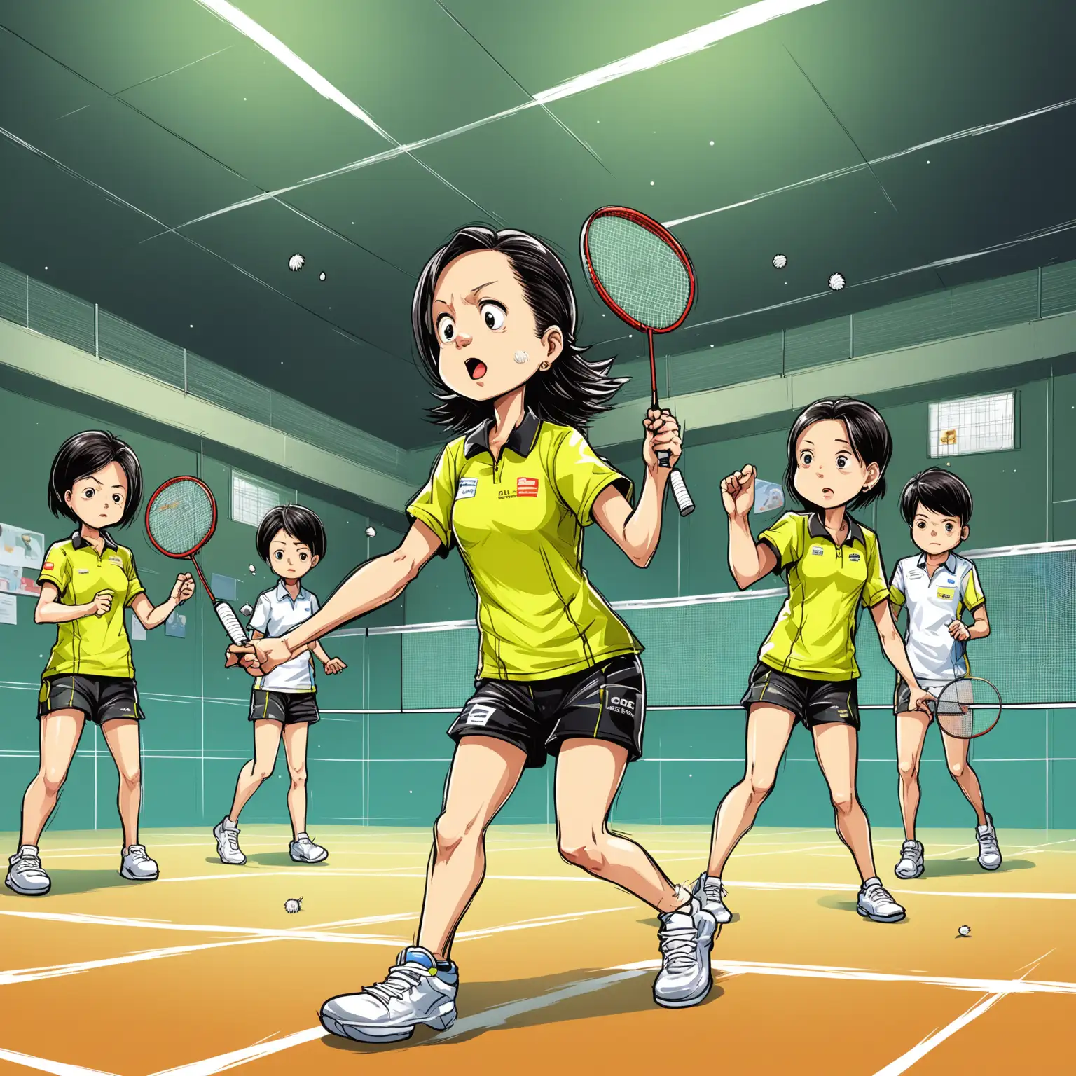 QVersion Cartoon Illustration of Complex Badminton Match