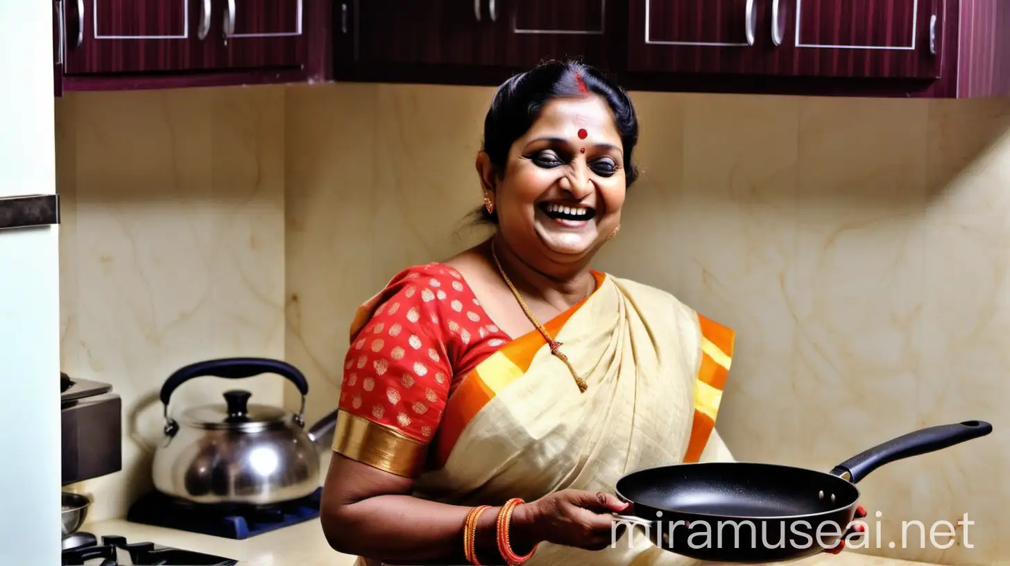 Laughing Indian Woman in Bengali Saree Cooking in Luxurious Kitchen