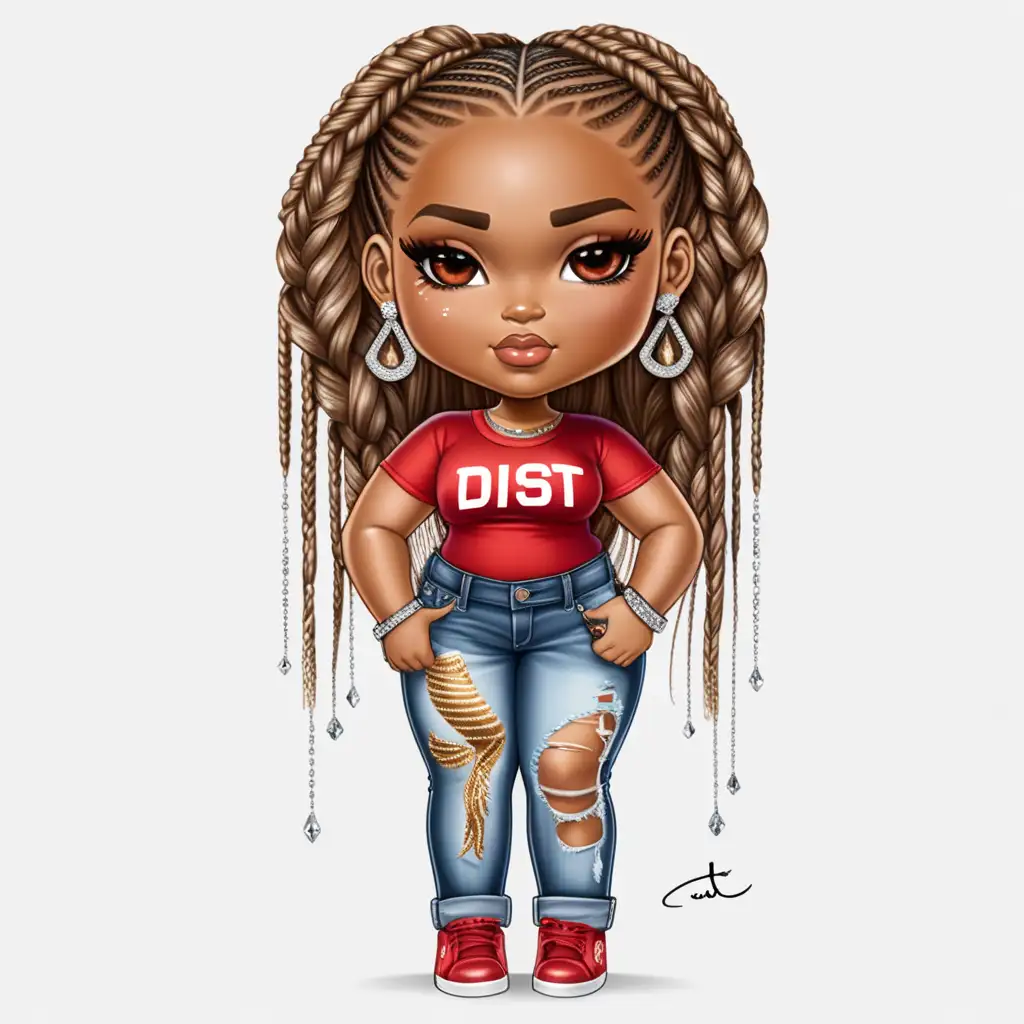HyperRealistic ChibiStyle African American Woman in DST Red Shirt and Ripped Jeans with Stiletto Heels