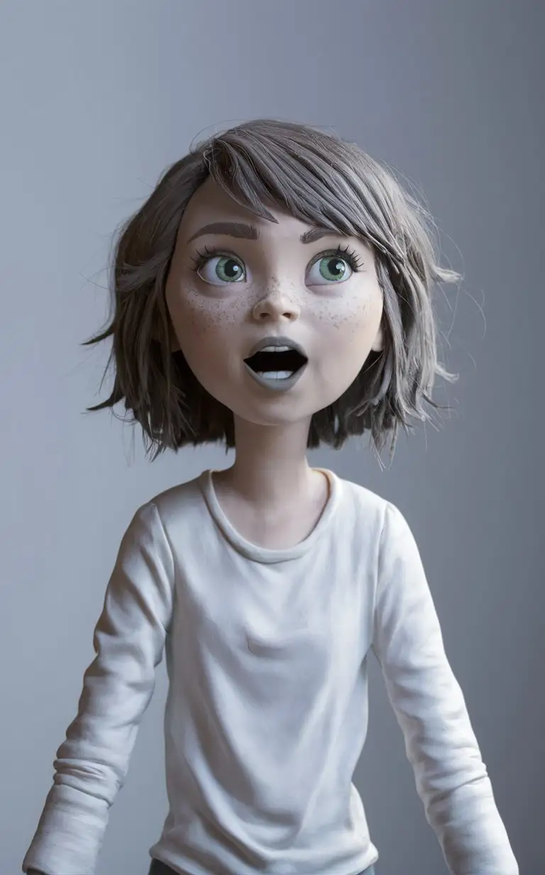 (Clay model, clay material:1.5),(Clay texture, clay texture texture:1.4),(in the style of clay animation, stop motion animation:1.4),
solo, realistic, emma stone, simple background, looking up, green hair, freckles, sweater, upper body, grey background, short hair, white sweater, teeth, black eyes, open mouth, shirt, white shirt, parted lips, messy hair, long sleeves, Clay style，