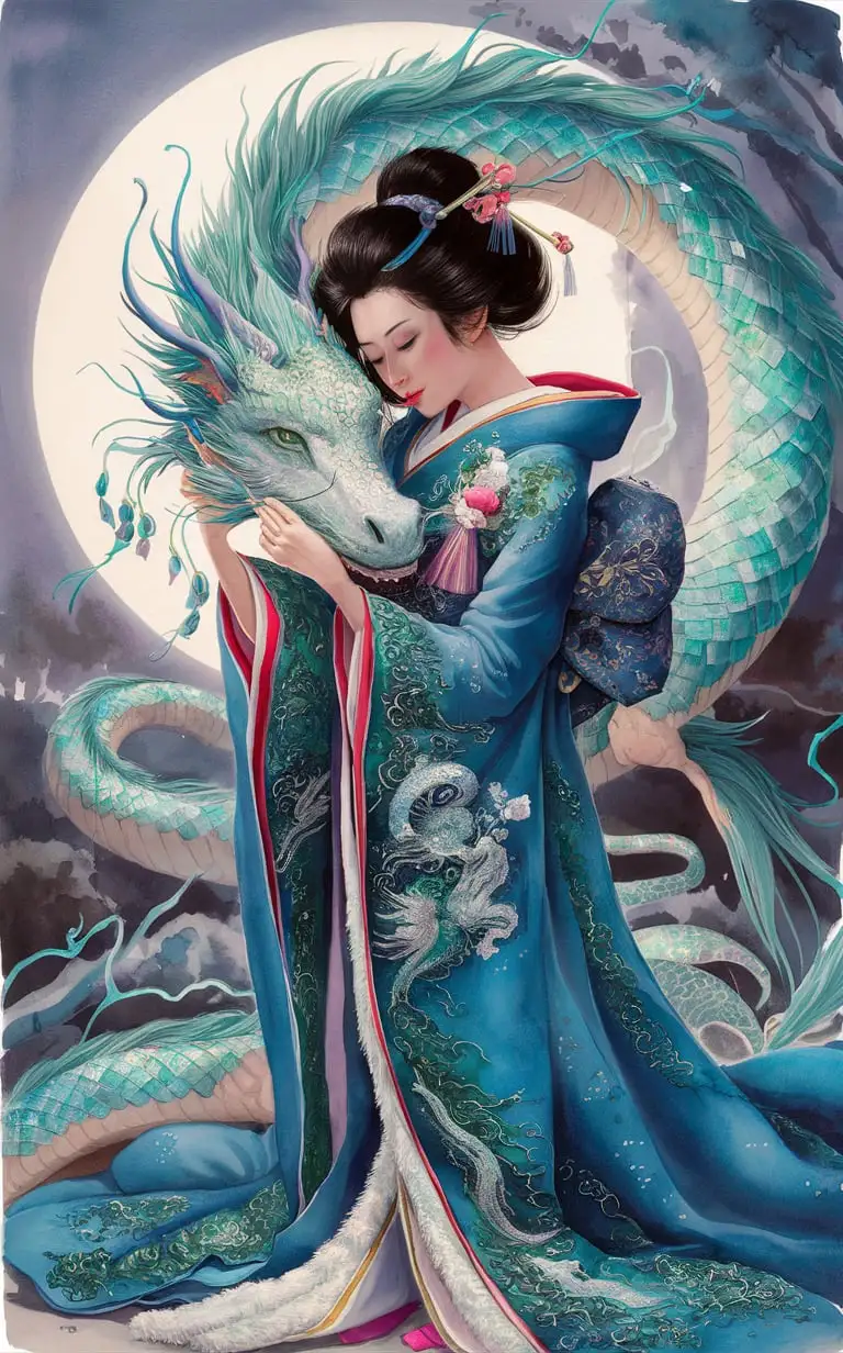 Yoshitaka Amano art style, watercolors, woman in intricate  blue kimono with green embroidery, embracing a japanese style dragon with blue and green scales, moonlight in the background