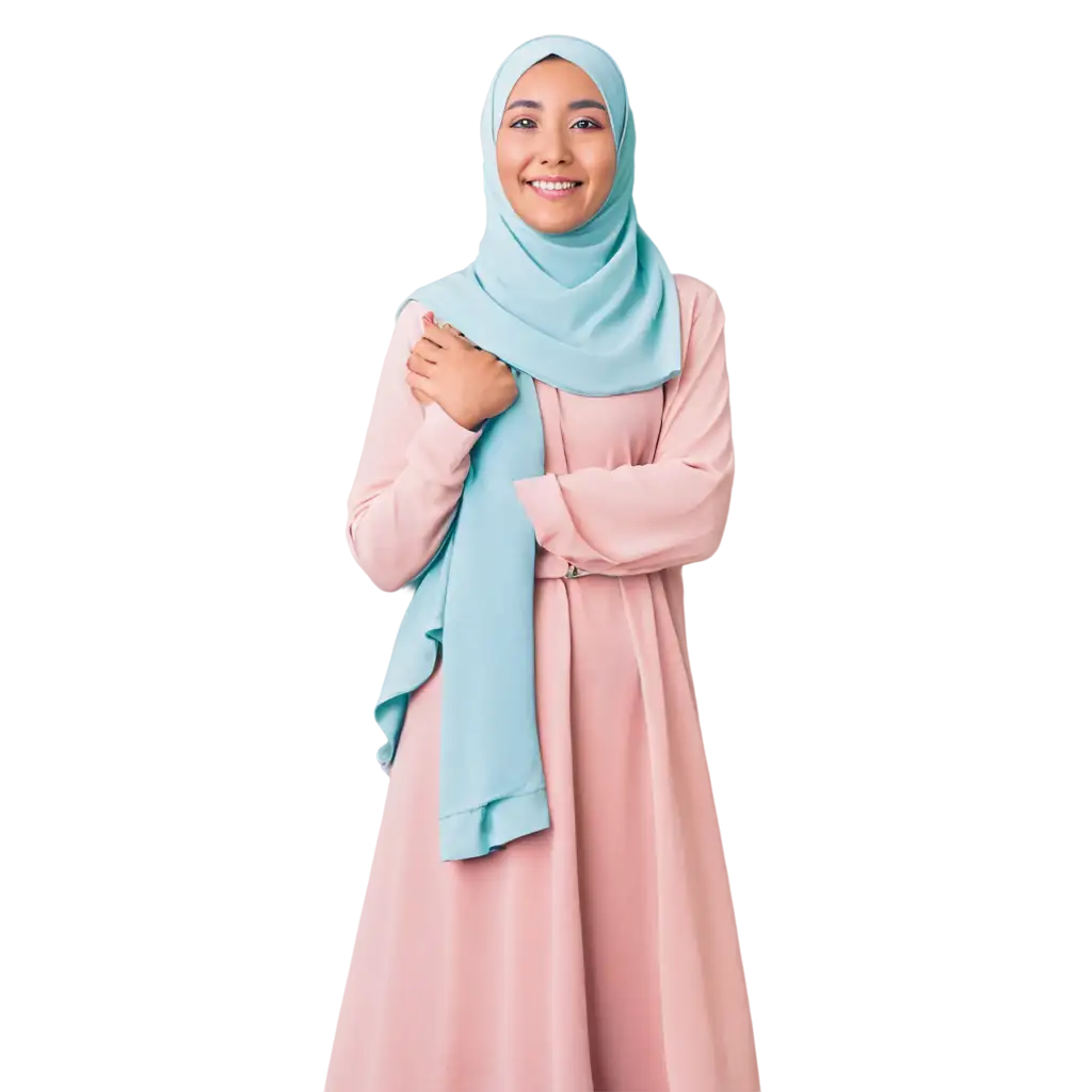 A malay woman wearing a long hijab and pastel Abaya