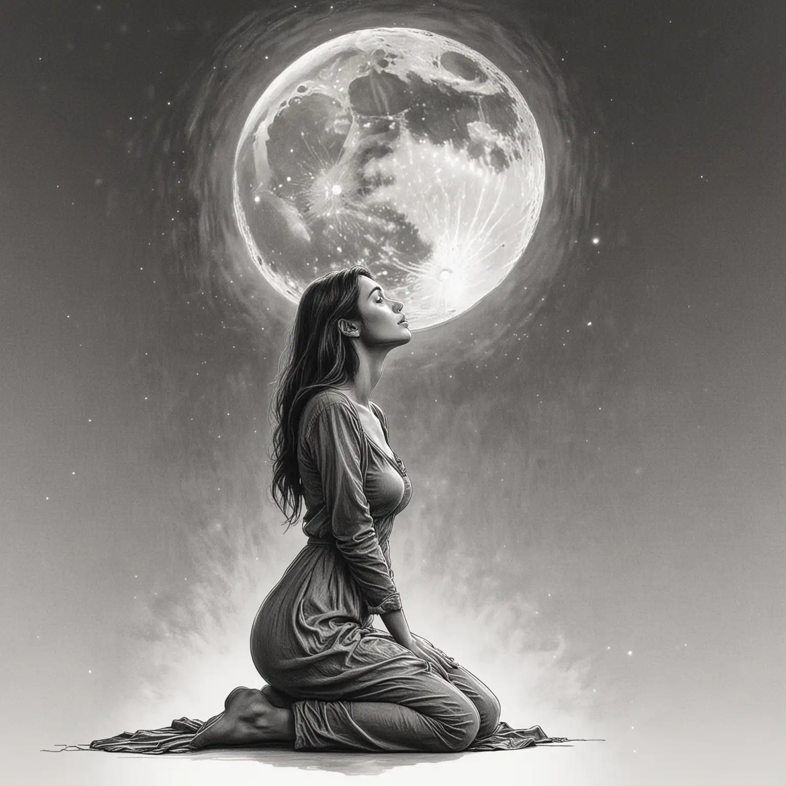 black drawing of beautiful woman with her hand on heart. she is kneeling looking up at the moon. white background