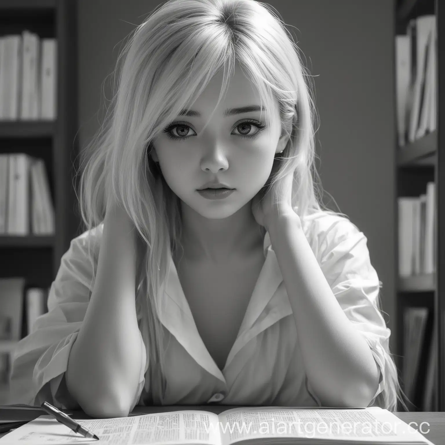 Blondie-Teenager-Distracted-from-Studying-Embracing-Vanity-in-MangaInspired-Monochrome-Scene