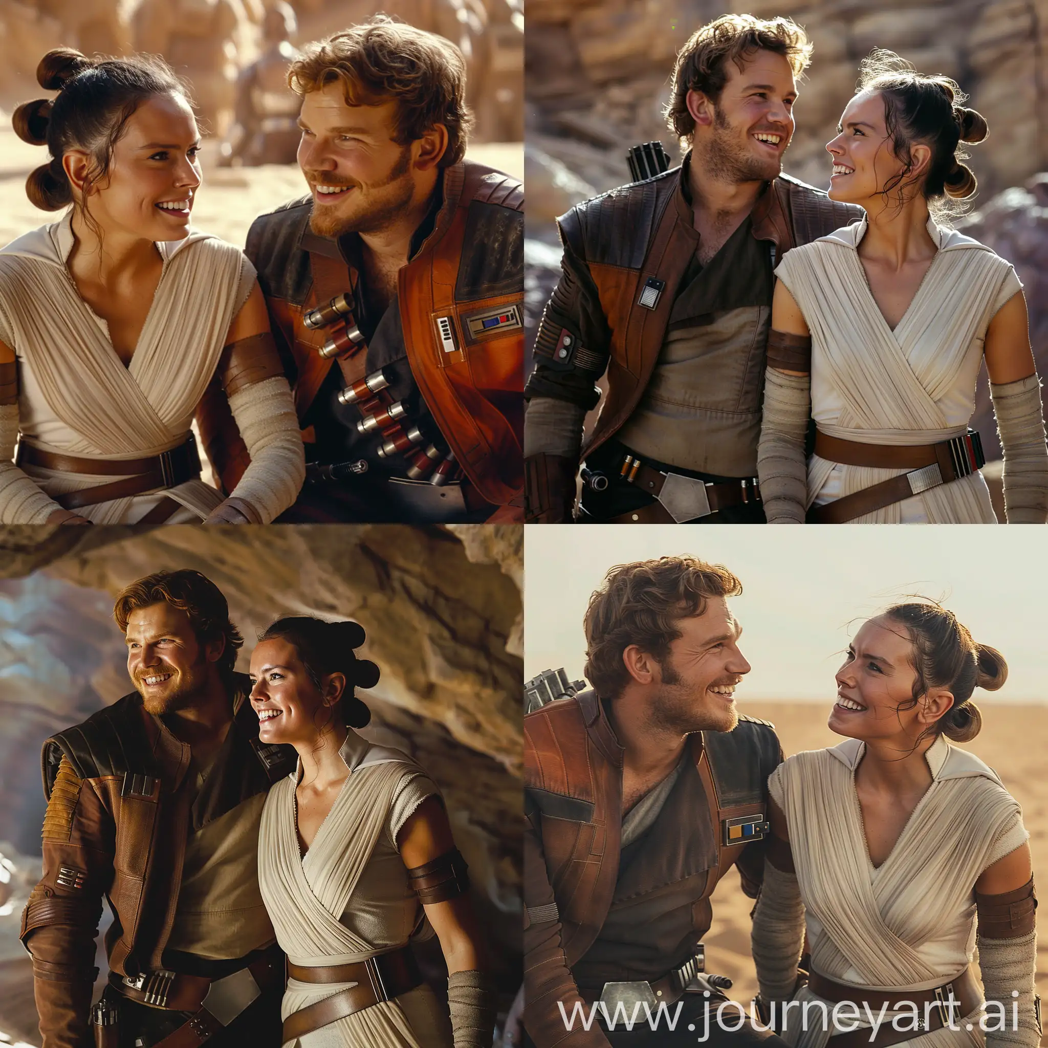 Cinematic still film scenes of new movie of star wars, Rey Skywalker and Peter Quill, everybody Very Happy, 8k resolution, cinematic image, realistic