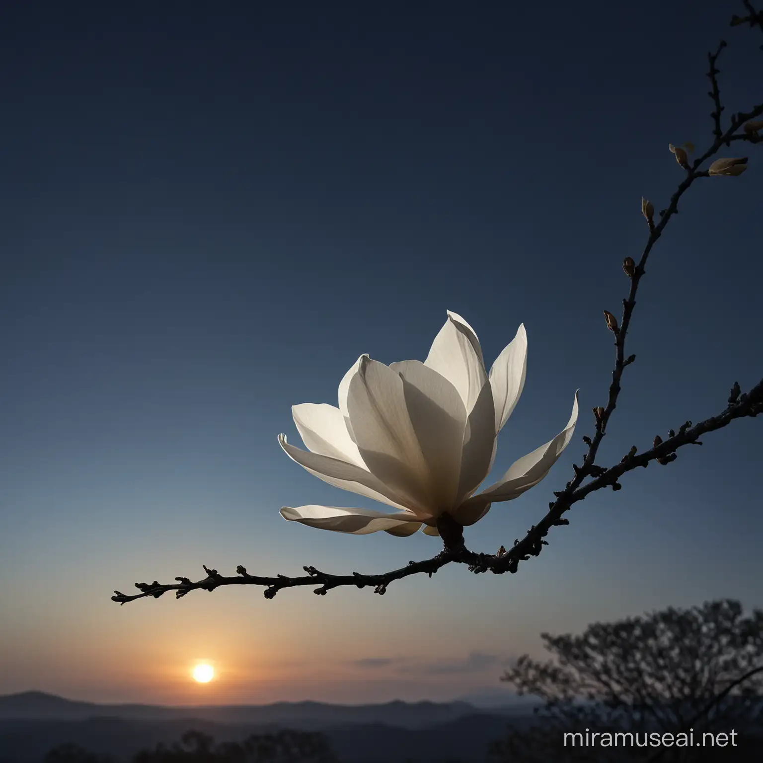 captivating magnolia flower perched gracefully on its branch, set against a contrasting background of deep indigo twilight. The flower stands out vividly against the darkening sky, its delicate form illuminated by the last rays of the setting sun, creating a stunning juxtaposition of light and shadow