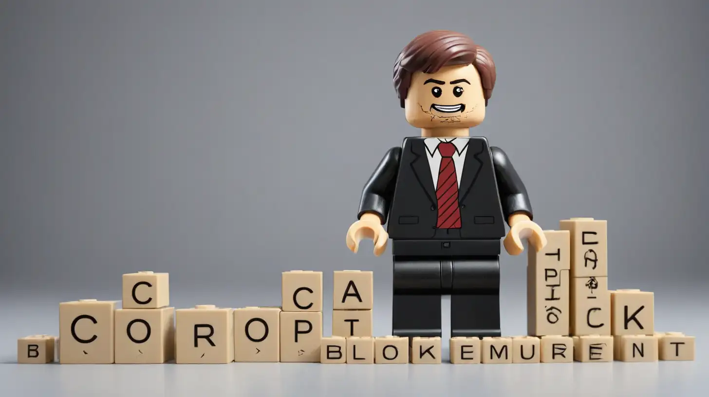 create logo with the words "Corporate Blockurement" utilizing lego blocks as part of the letters with a background image of a 2 lego businessman negotiating.