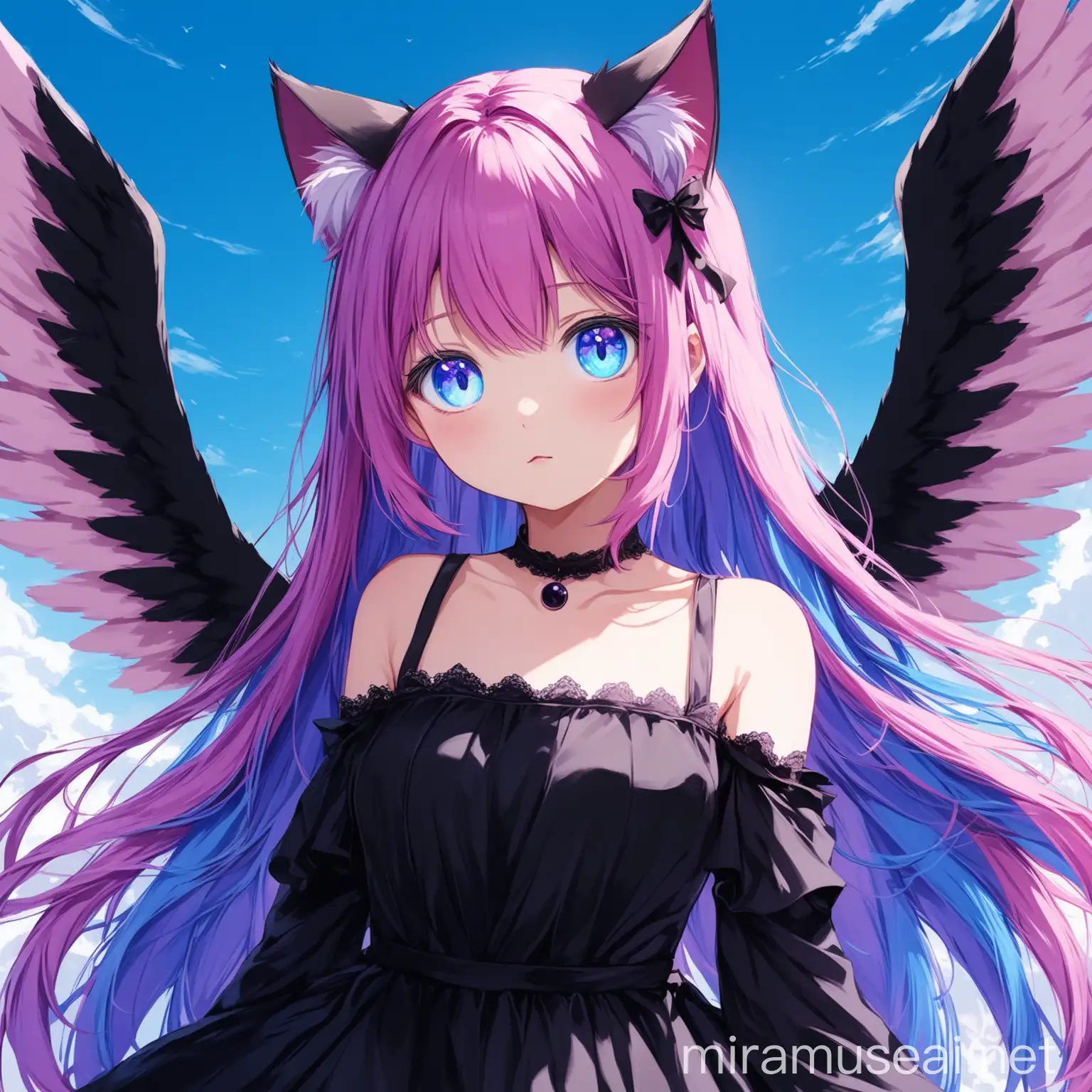 Mystical Girl with PurplePink Hair and Wings in Black Dress
