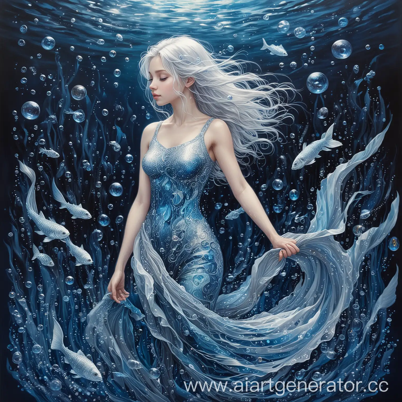 银发少女悠游深蓝梦境，鱼尾微光说海洋故事，蓝瞳如镜映深邃秘密，气泡轻舞携无言梦想，探索每一笔梦与秘境，画出全身