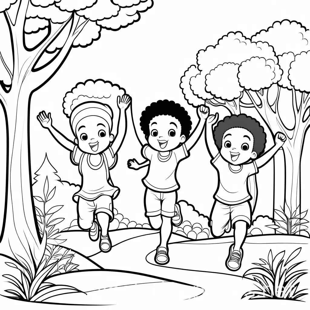 black and white cartoon drawing of cute excited african children, with white skin colour, jumping up and down, with trees in the background Coloring Page, black and white, line art, white background, Simplicity, Ample White Space. The background of the coloring page is plain white to make it easy for young children to color within the lines. The outlines of all the subjects are easy to distinguish, making it simple for kids to color without too much difficulty, Coloring Page, black and white, line art, white background, Simplicity, Ample White Space. The background of the coloring page is plain white to make it easy for young children to color within the lines. The outlines of all the subjects are easy to distinguish, making it simple for kids to color without too much difficulty