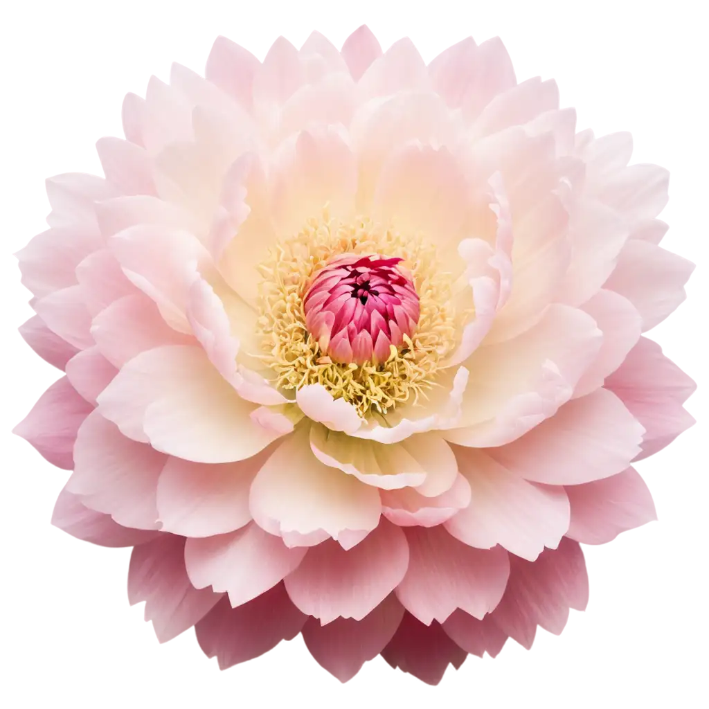 A fluffy peony in shades of pink, with layered petals and subtle green leaves.