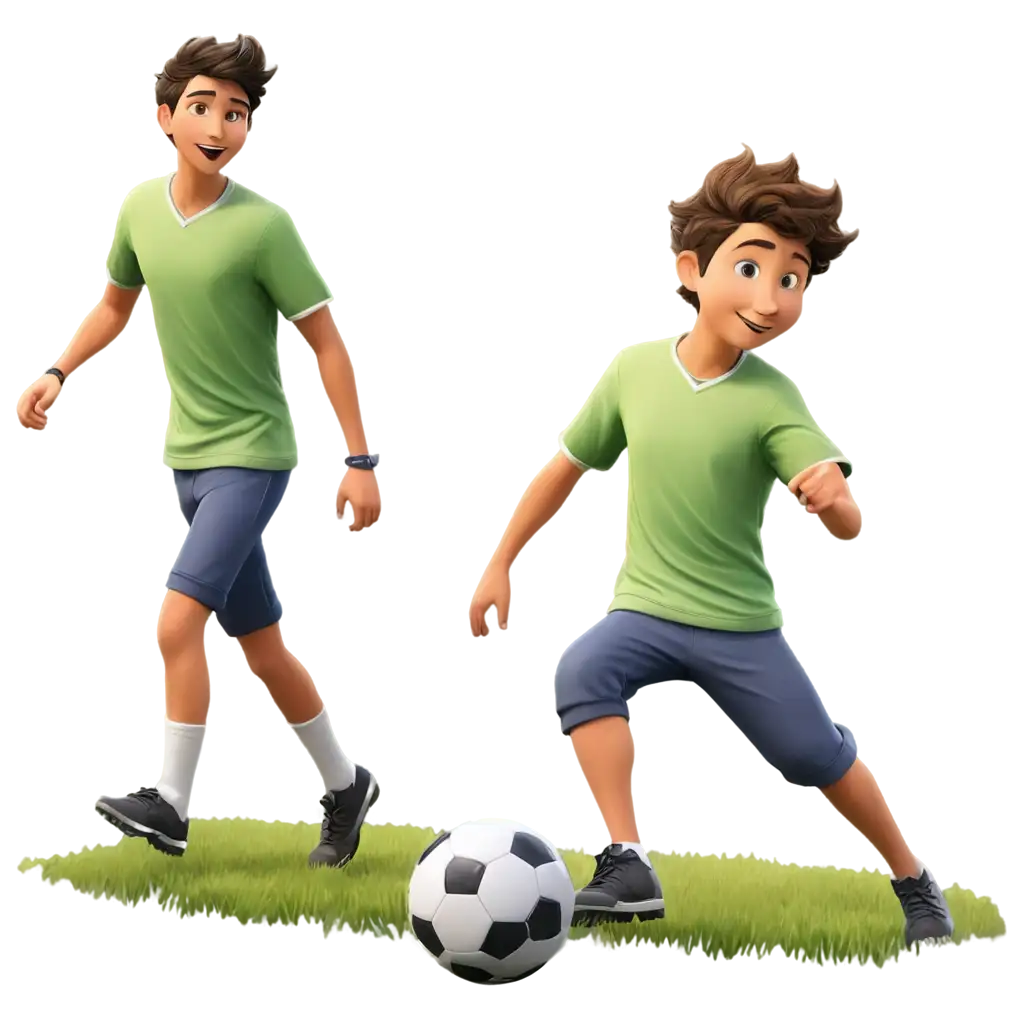 gambar kartun 
seorang lelaki muda
 sedang bermain sepak bola di tengah lapangan bersama teman teman nya
