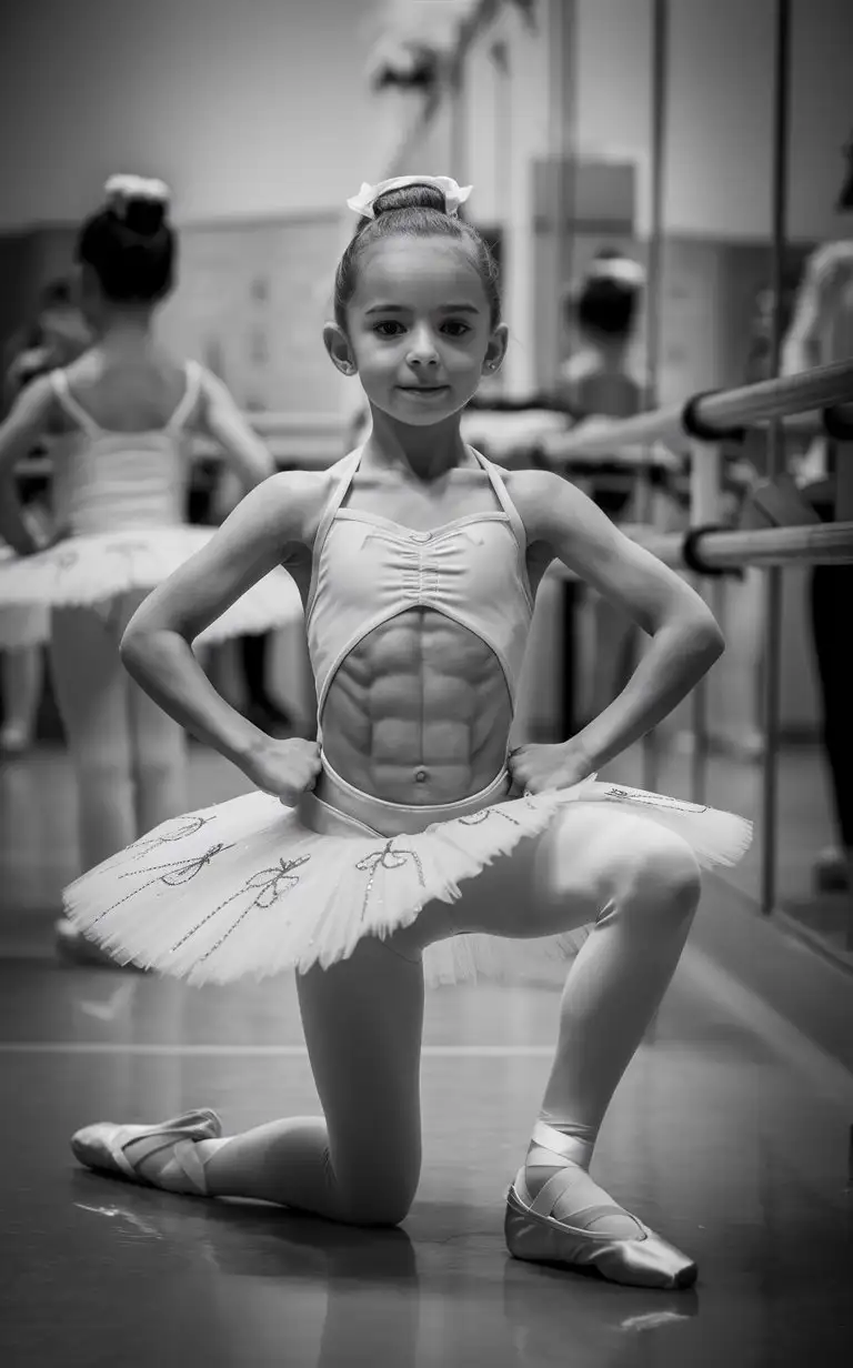 6 years old french ballerina, muscular abs, at ballet class, from head to knee