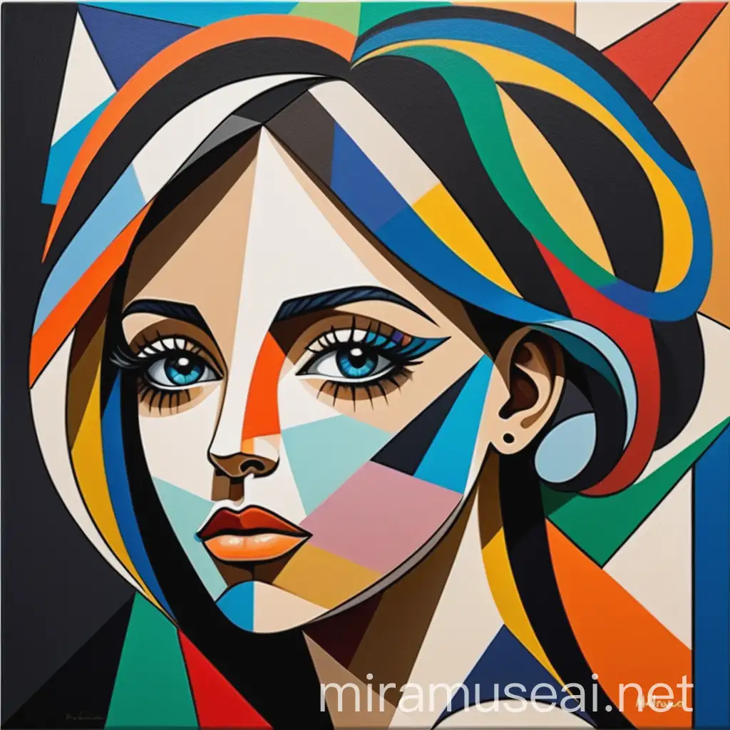 Create a high-quality, visually stunning canvas featuring a young woman's face depicted with  some geometric colorful elements. Her hair is black. The background is natural Draw inspiration from Picasso's cubist style, incorporating intricate design and craftsmanship. Ensure the entire head, including the top, is fully visible within the frame.