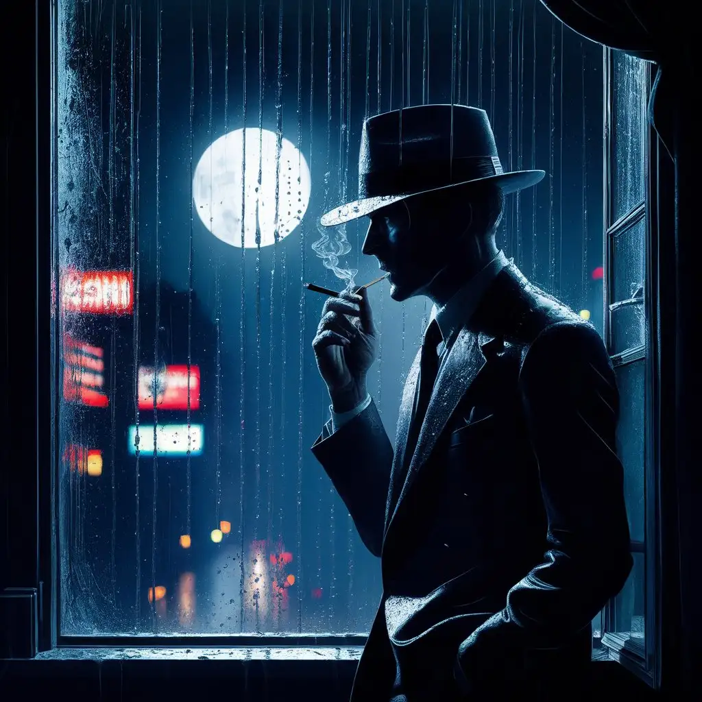 The noir-style setting. A silhouette of a man smoking stands at the window, looking out into the night. The moonlight gently illuminates his clothing and hat, casting a soft shadow over his face.