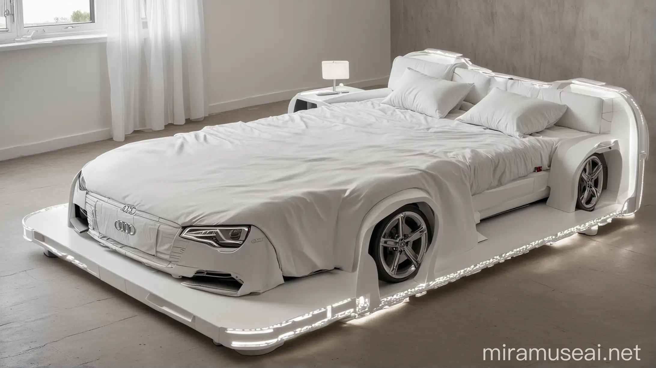 A double bed in the shape of a audi car.