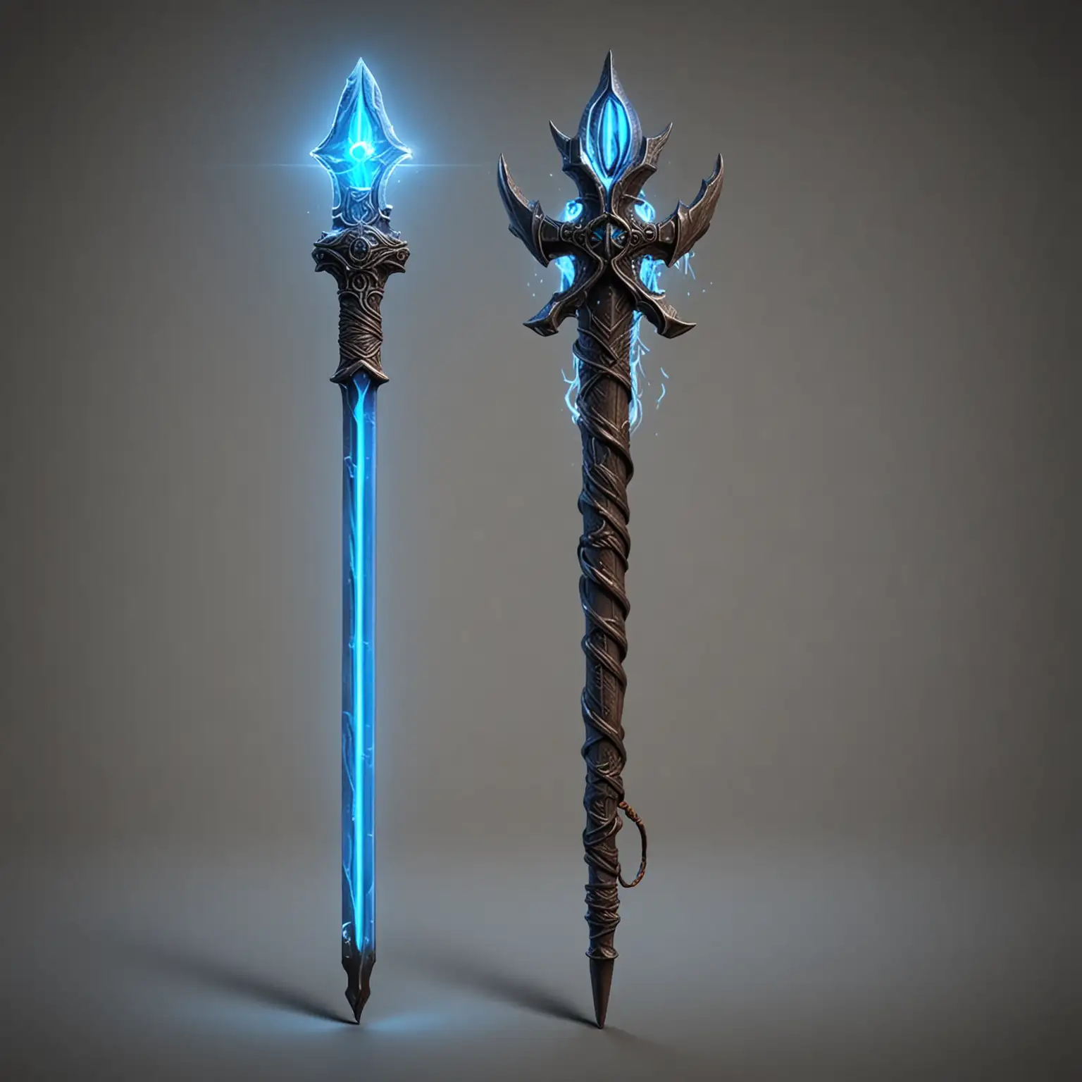 Realistic Magical Staff with Blade and Blue Neon Backlighting