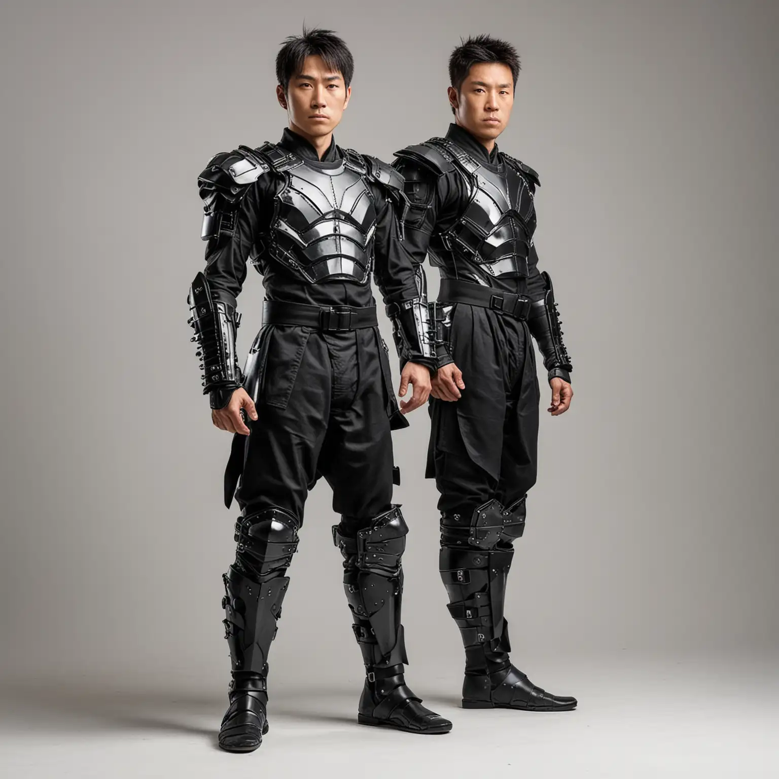 Standing full body view, Strong heroic Japanese man in black Karate gi and futuristic knight armor,black boots, boots,  white background