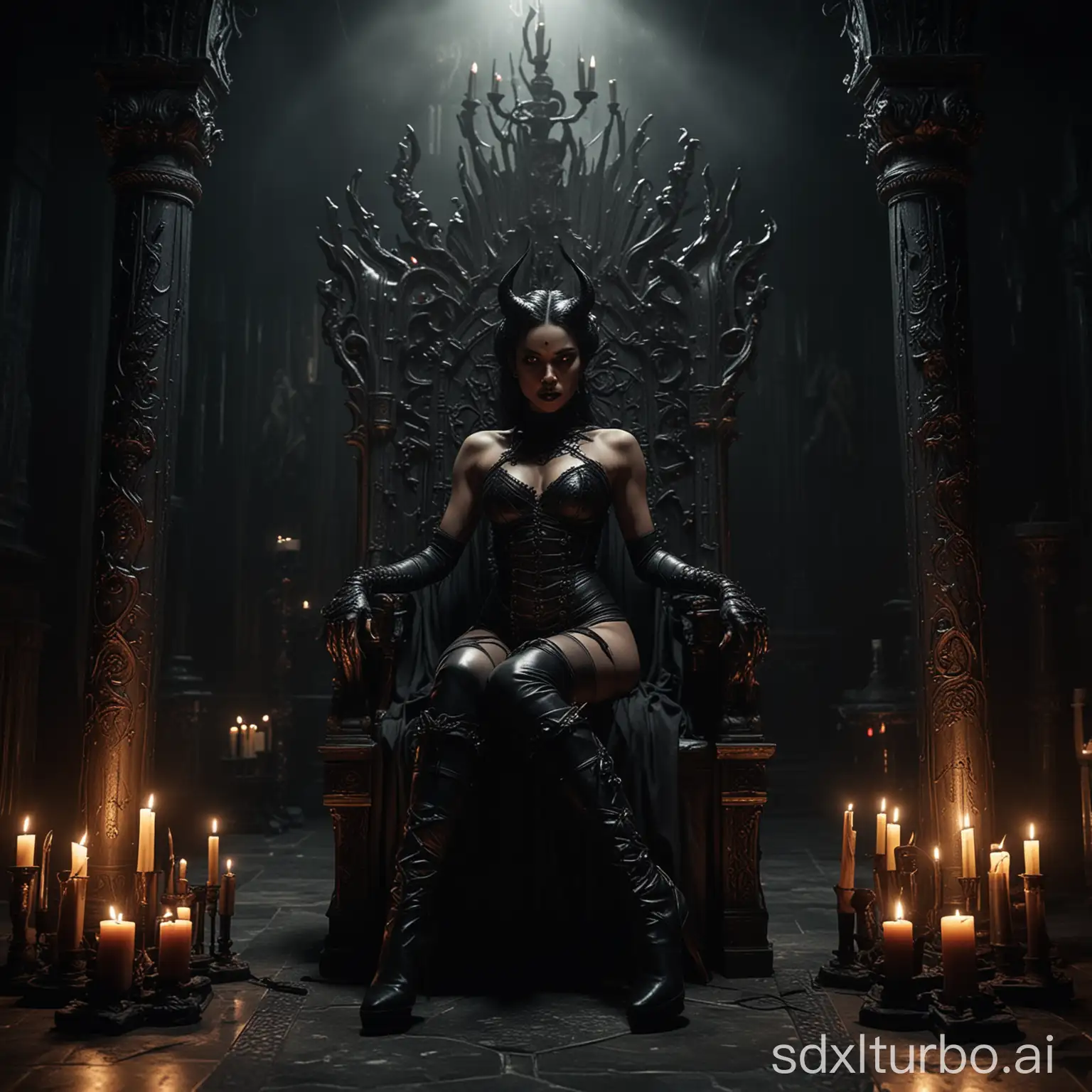 In the depths of an eerie chamber, a captivating high-quality cinematic photo captures a seductive black demon woman , adorned with sinister-looking high-heeled boots, sitting majestically on an intricately carved black throne. Her dark beauty is accentuated by her glowing eyes, which pierce the surrounding darkness. The flickering glow of black candles casts haunting shadows across the chamber, adding to the chilling atmosphere. The demonic woman's poise and commanding presence dominate the scene, exuding an intense power and darkness that leaves an indelible impression on all who behold her., cinematic, photo