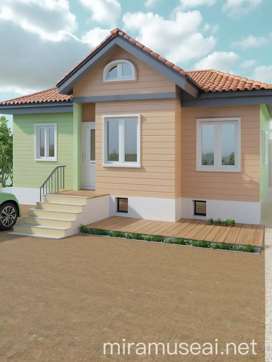 3D of 1 floor house in the tiny woods environment, with white windows with fasade frame in lighter color than the fasade, i want pastel green fasade color and beige tiles on the porch of the house