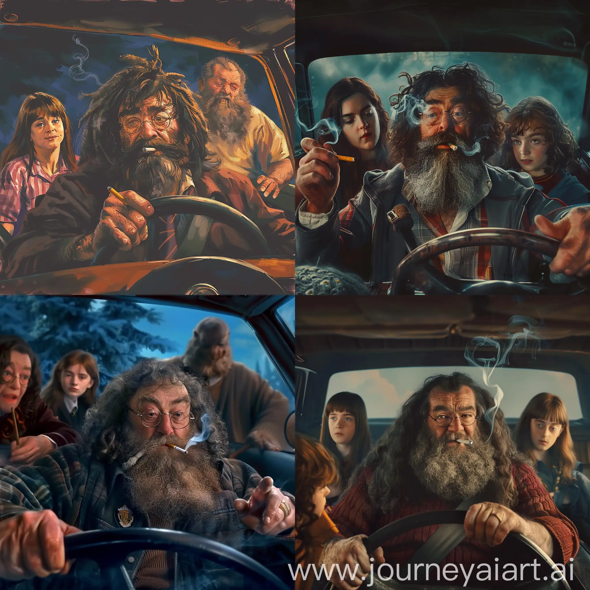harry potter behind a wheel, Hagrid next to him, smoking cigarette like a real homie, picking up Hermione and Ginny, cinematic 