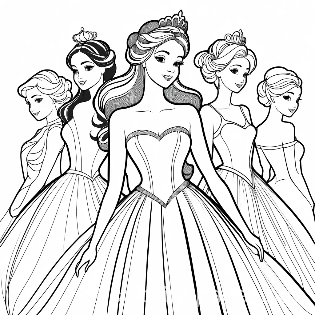 black and white picture with princess to the waist with different hairstyles, Coloring Page, black and white, line art, white background, Simplicity, Ample White Space