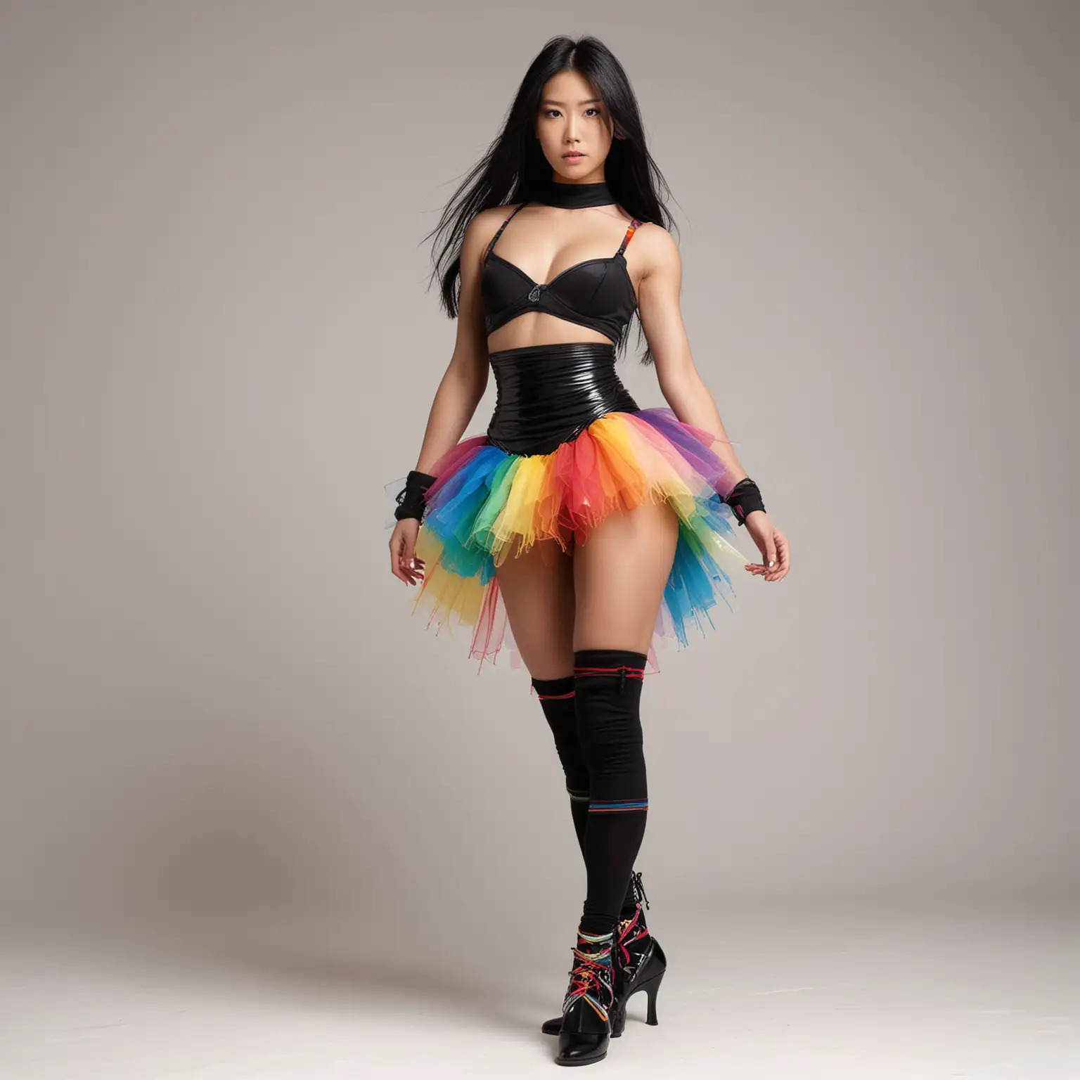Standing front view, Beautiful toned athletic muscular figure female Japanese supermodel with large breasts, long black hair, in sleeveless black metal samurai-armor-turtleneck made of metal, bare shoulders, midriff exposed, shoulders exposed, sleeveless, giant puffy rainbow ballerina tutu, chromatic rainbow thigh-high socks, white background