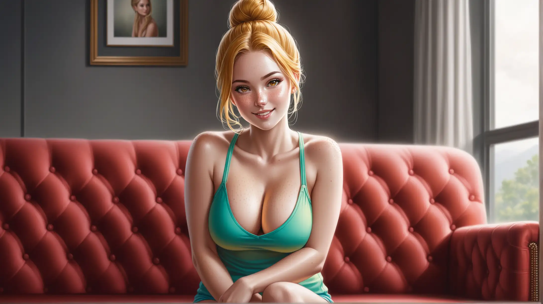 Draw a woman, long blonde hair in a bun, gold eyes, freckles, perky body, high quality, realistic, long shot, indoors, sofa, sitting, overcast lighting, colorful casual outfit, seductive, cleavage, smiling toward the viewer