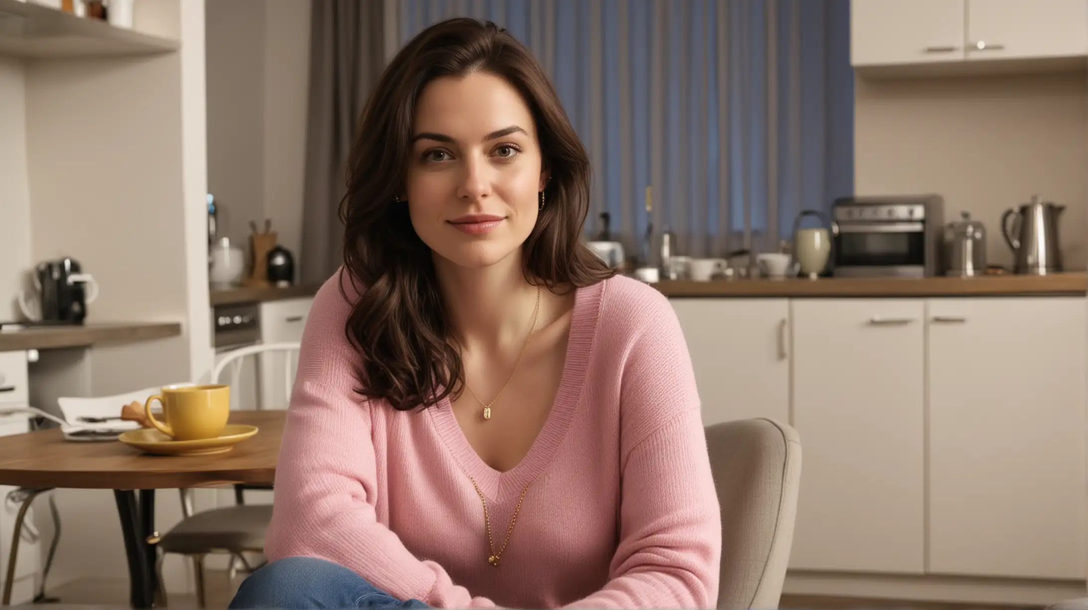 30 year old pale white woman with long dark brown hair, parted to the right, wearing a pink sweater, blue jeans and a gold necklace. She is sitting down in a simple chair at a kitchen table with one cup of tea, modern high rise urban apartment background at night