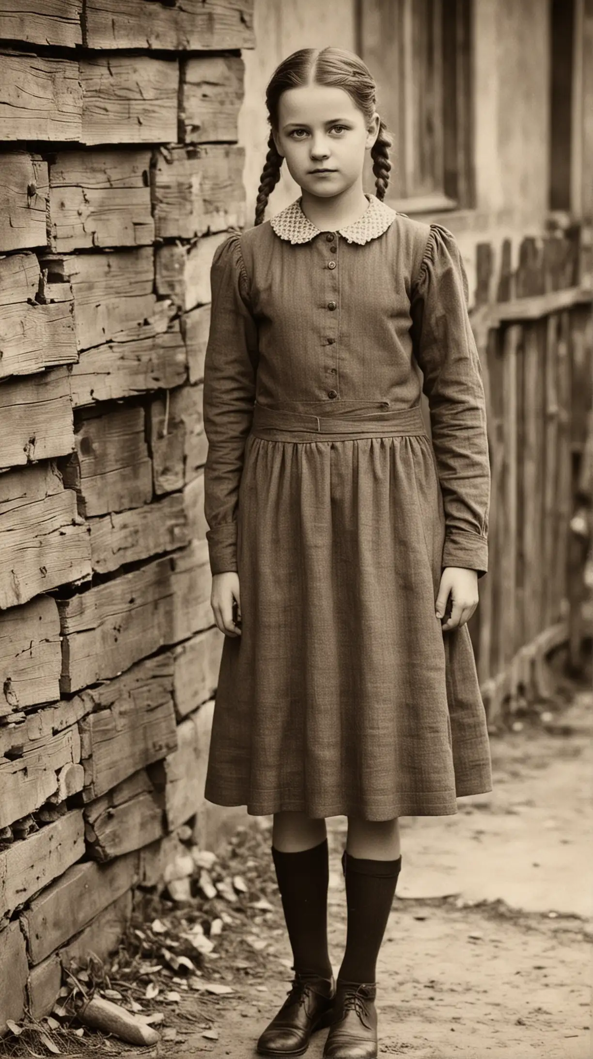 Irma Grese as a Young Girl: Create an image of Irma Grese as a child in the late 1920s or early 1930s, in a rural German village. She should be dressed in simple, modest clothing typical of the era, playing outdoors with other children in a rustic setting.