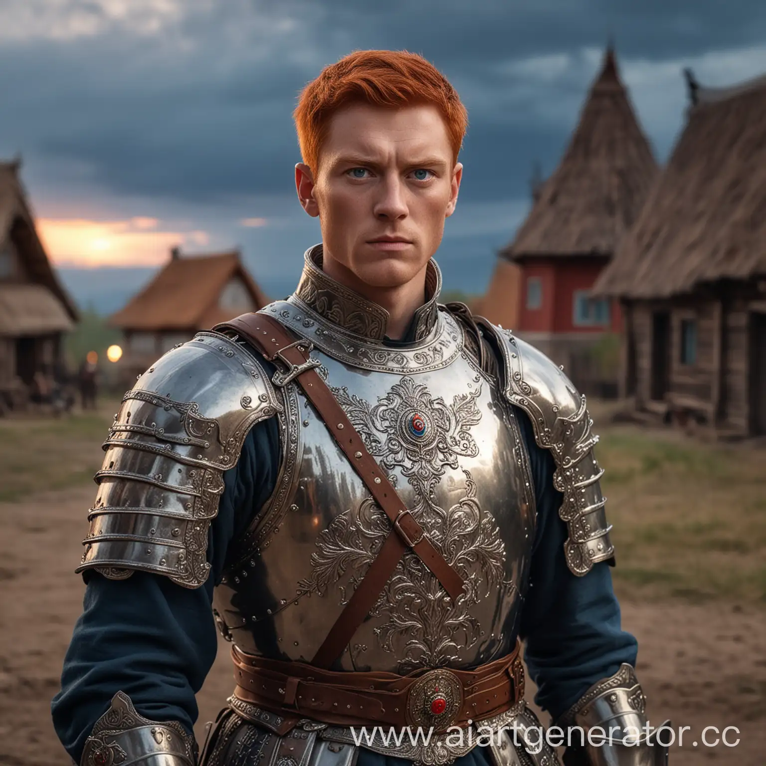 Portrait of a noble nobleman in armor, red-haired, with short hair, no beard and blue eyes, standing against the backdrop of a Russian village with a sword in his hand in the middle of the evening