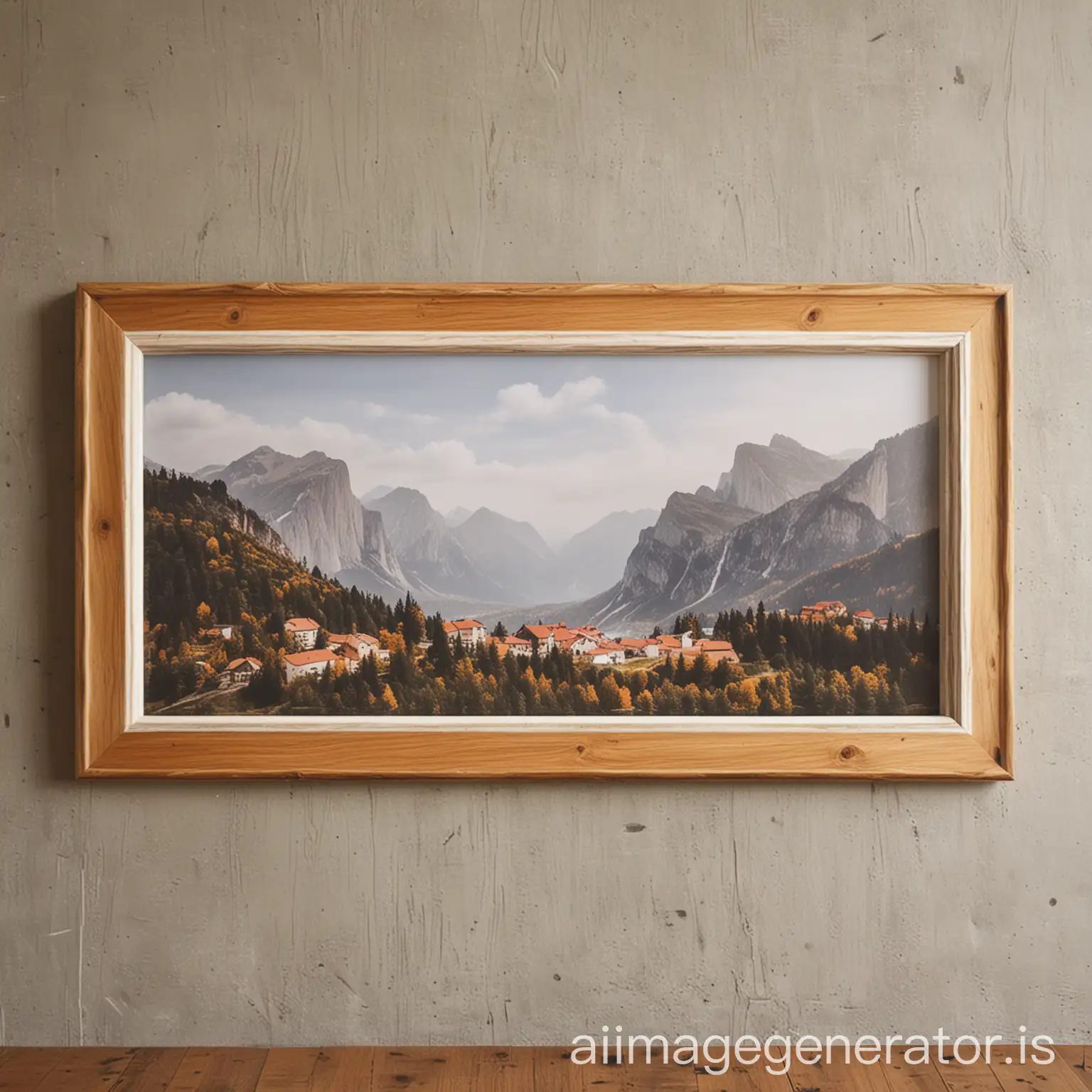 Spacious-Wooden-Picture-Frame-Adorning-Blank-Wall-in-Rustic-Landscape-Setting
