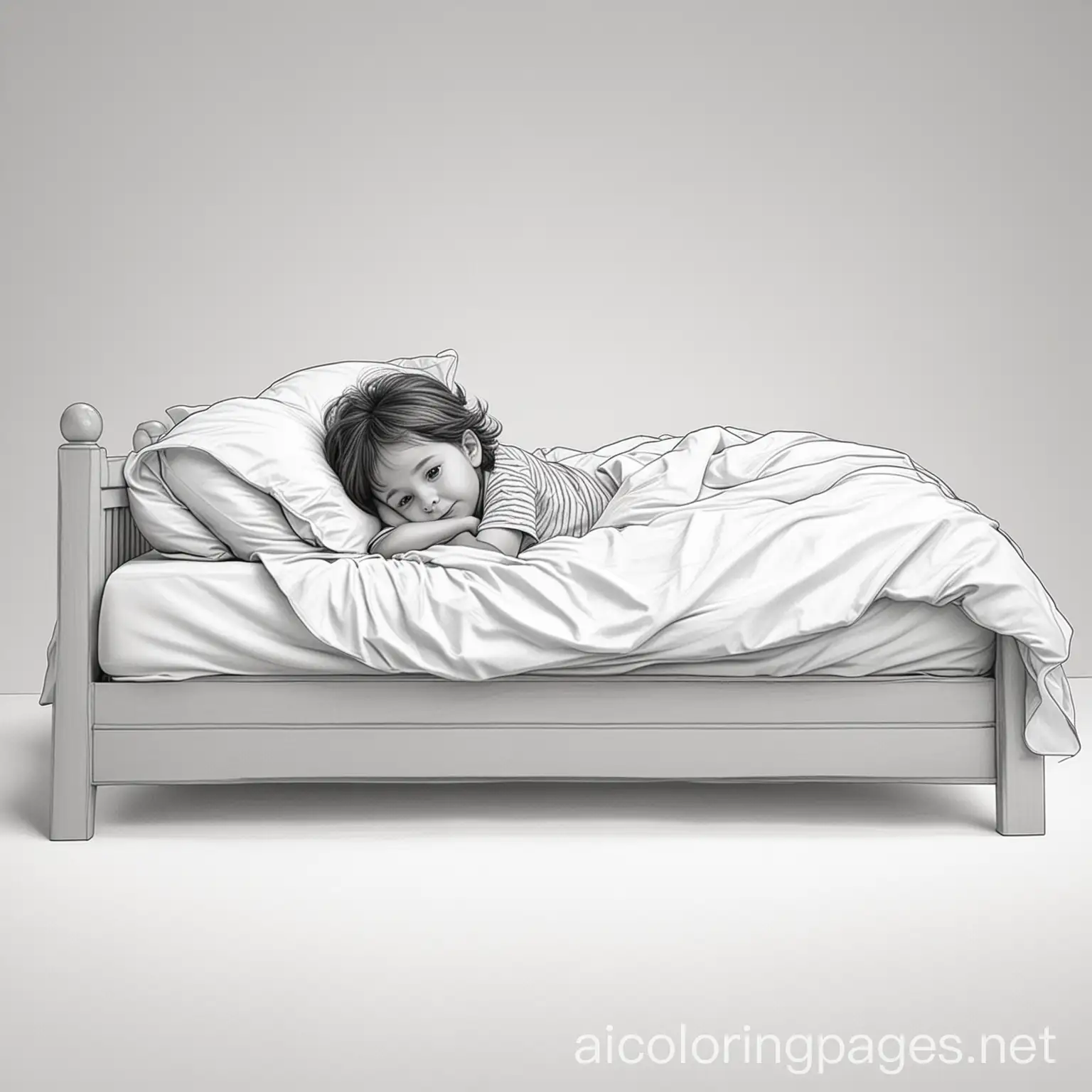 a child under the covers on a cartoon bed, Coloring Page, black and white, line art, white background, Simplicity, Ample White Space
