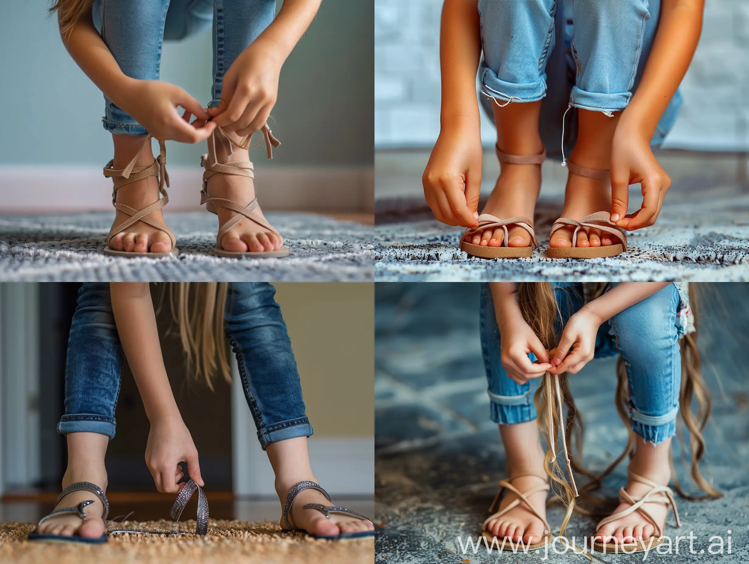 Professional photo: Close up shot of a young girl putting on sandals, skinny jeans, close up of feet