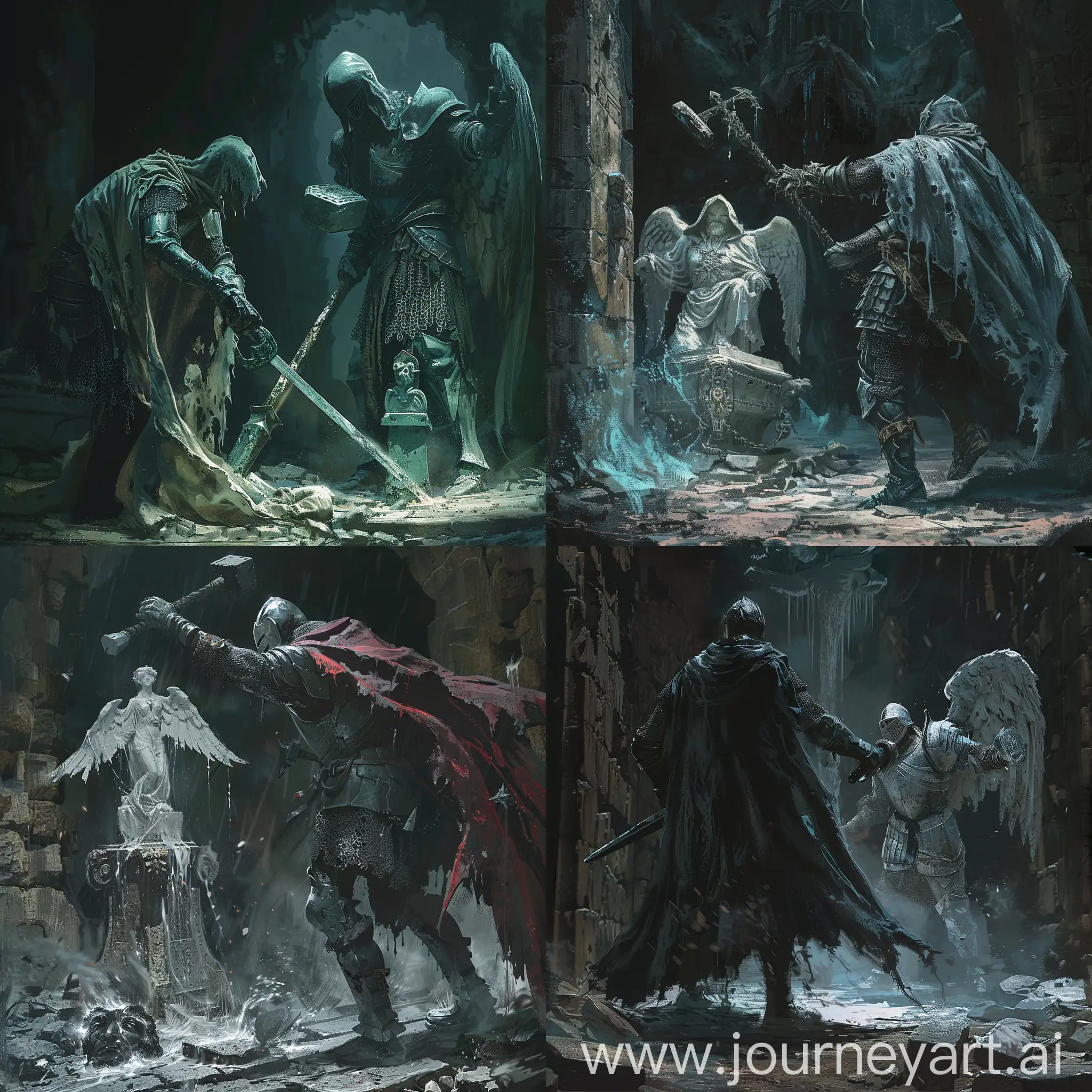 dark fantasy art, a knight of the Middle Ages in 1450 in the style of Dark Souls, a torn cloak is worn over the knight's chain mail, the knight is armed with a mace, the knight fights in a dark dungeon with an evil life angel statue.