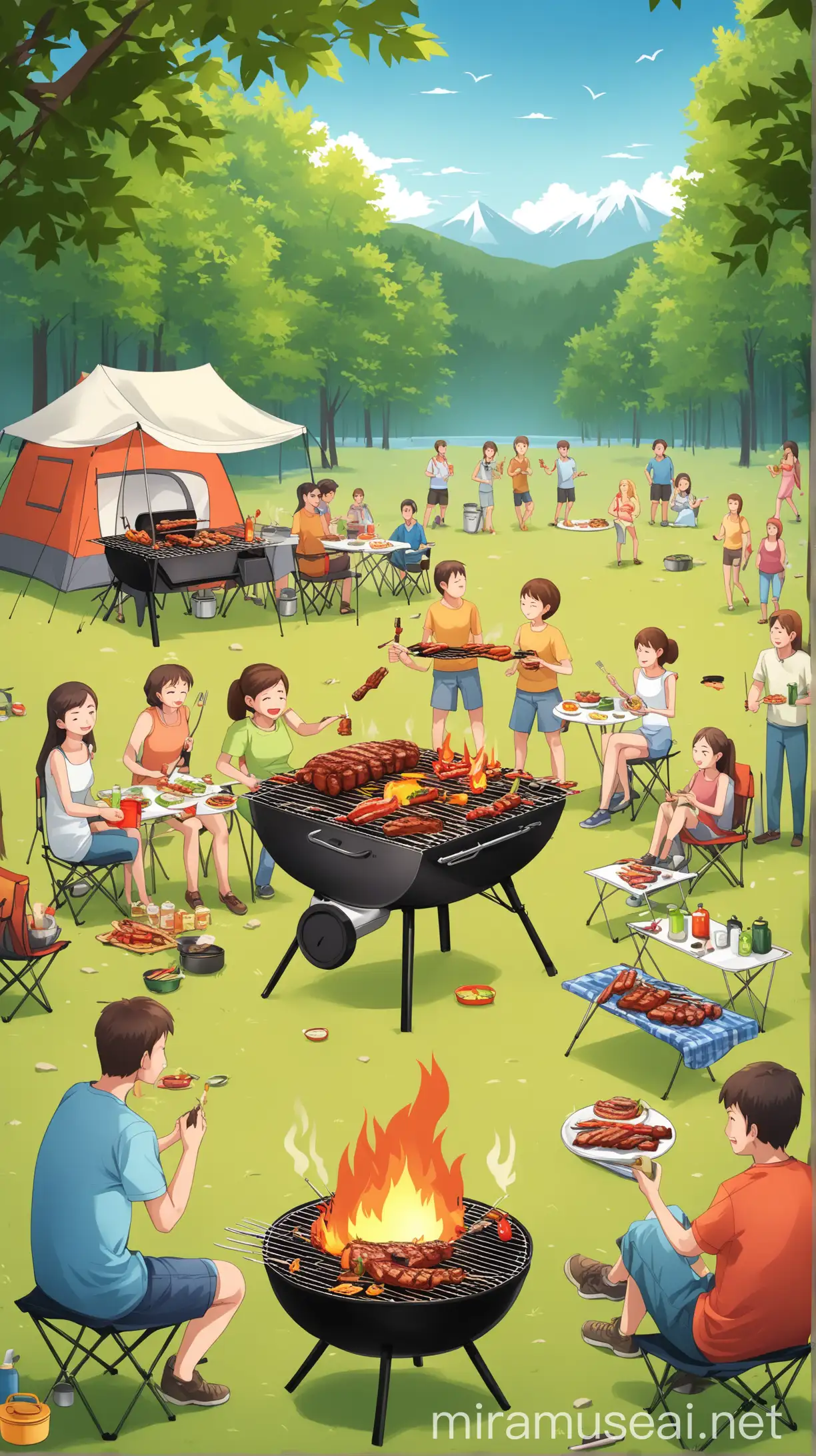 Lively Outdoor Camping Barbecue Scene with People Enjoying Grilled Delicacies
