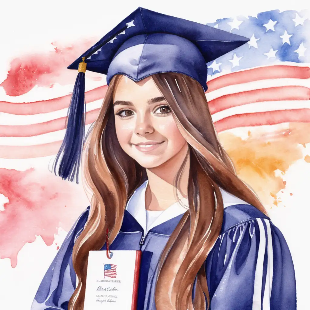 a girl with long brown hair graduating in the USA, with watercolor