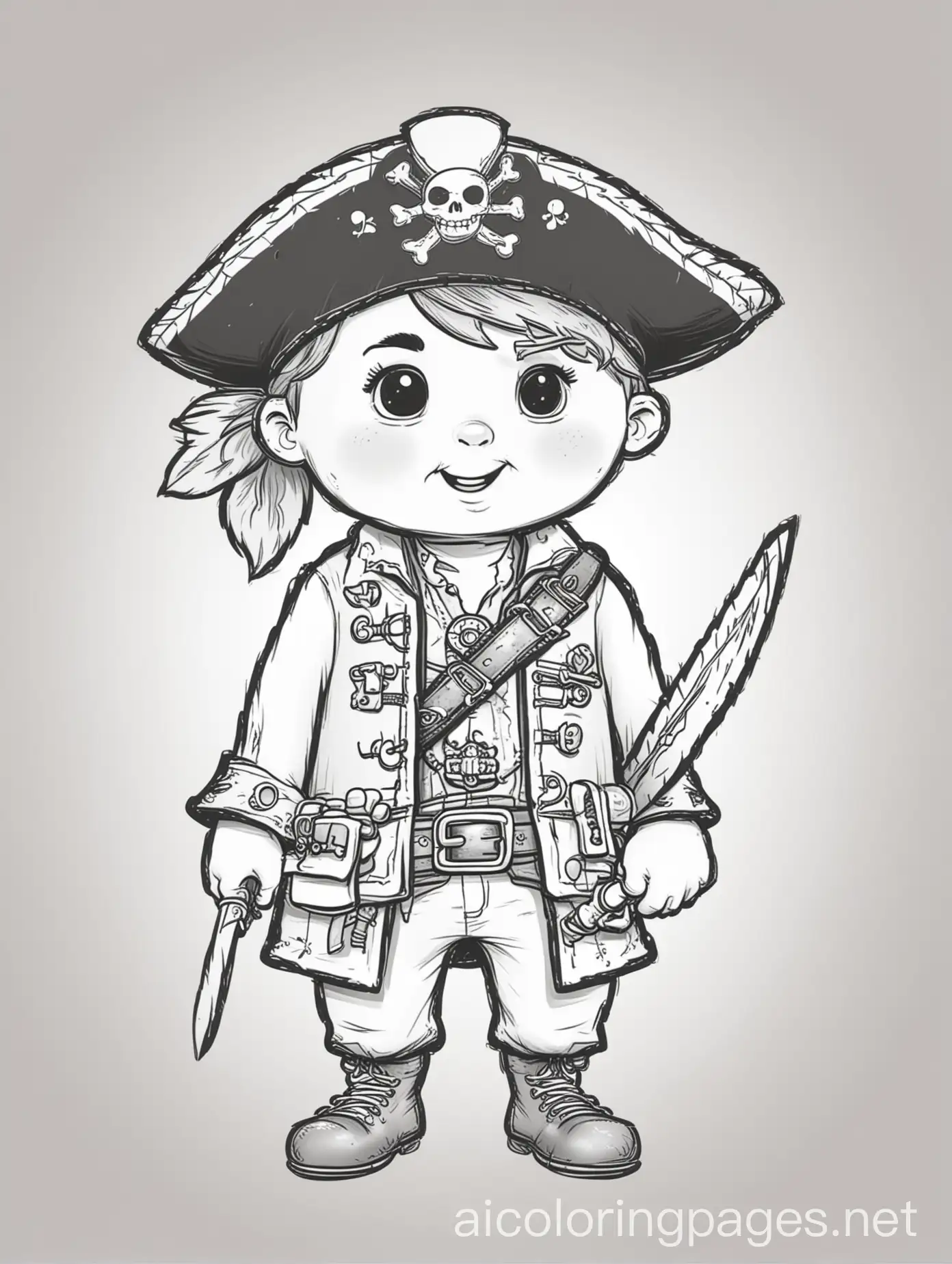 pirate for little kid's coloring book, extremely simple shapes, thick outlines, fun, cute, adorable, simplistic, for a toddler's coloring book , Coloring Page, black and white, line art, white background, Simplicity, Ample White Space