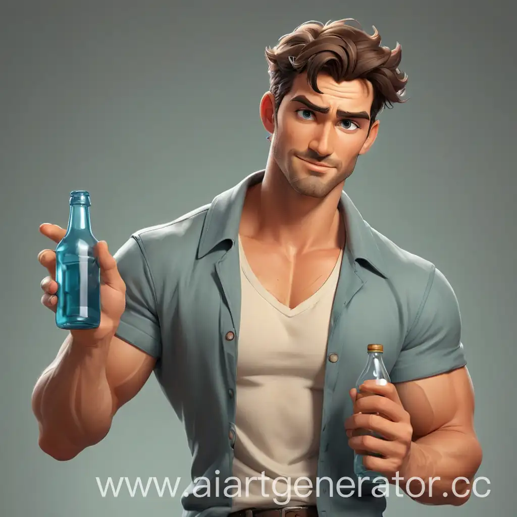 The cartoonish cool handsome sexy man holds a bottle in his hand