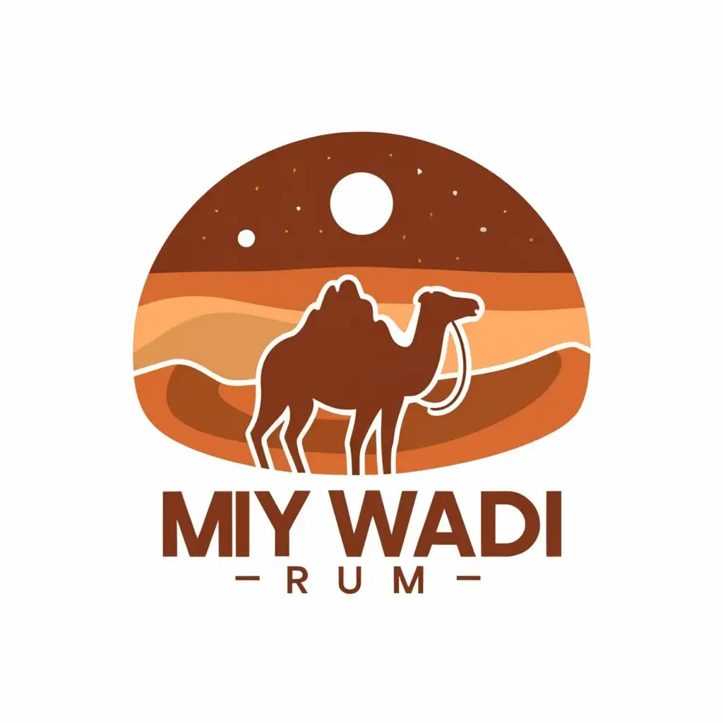 a logo design,with the text "My wadi rum", main symbol:Desert/ jeep tour/ dunes/ camel  ,Minimalistic,be used in Travel industry,clear background